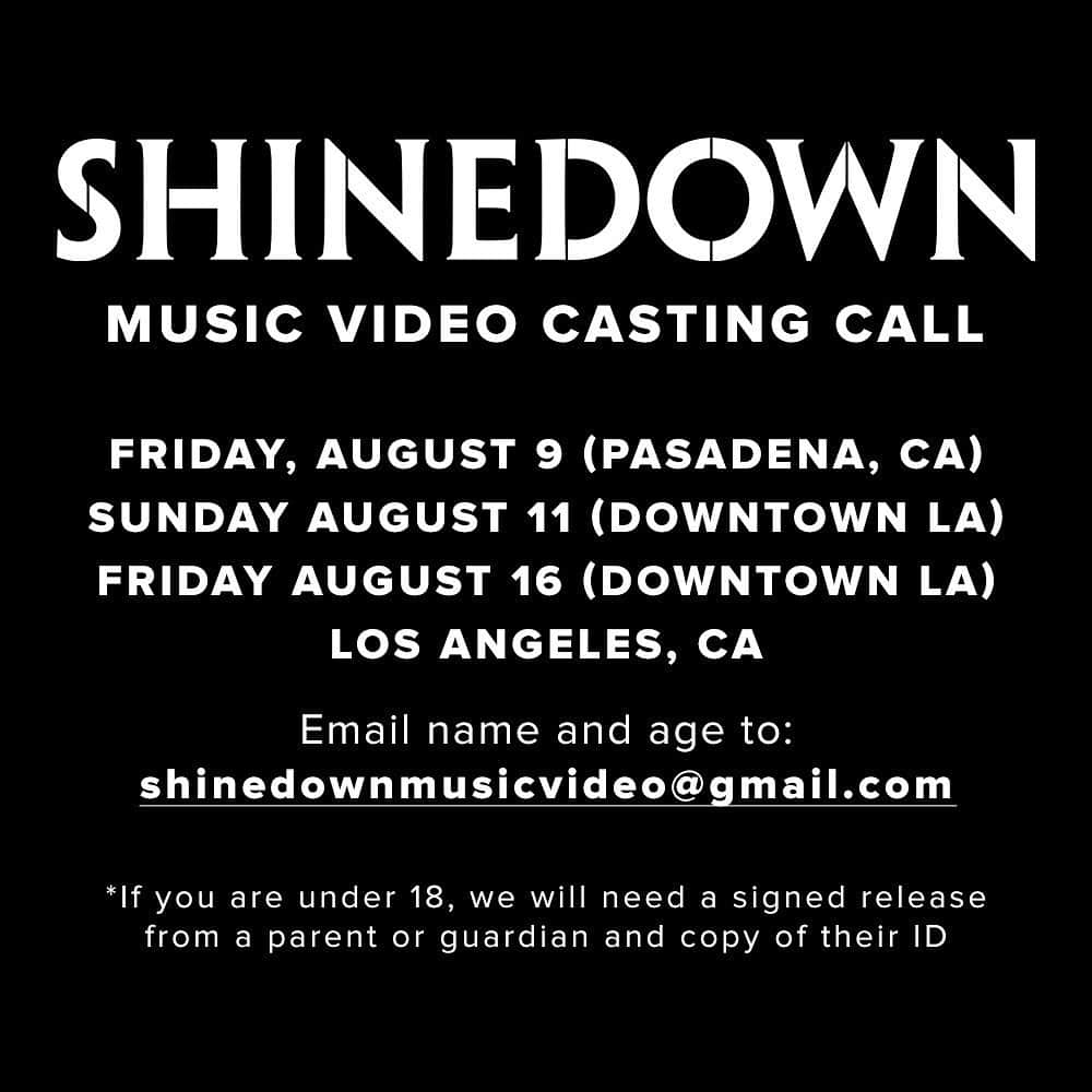 Shinedownさんのインスタグラム写真 - (ShinedownInstagram)「🎥 ATTENTION LOS ANGELES 🎥 Now is your chance to be featured in our next music video! ⬅️ Swipe for details ⬅️ . Email: shinedownmusicvideo@gmail.com Make sure to include name, age and days you can attend!」8月7日 6時54分 - shinedown
