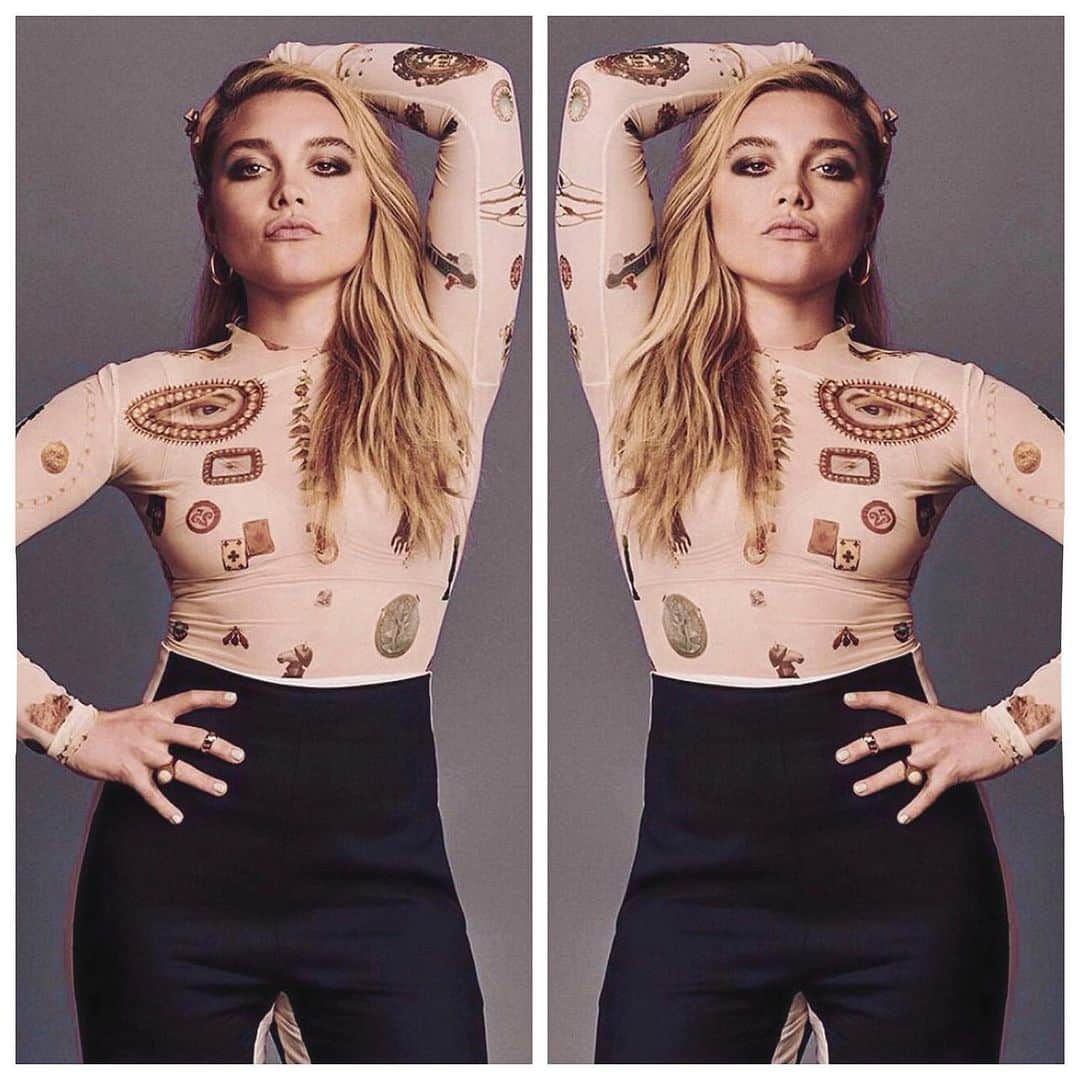 JO BAKERのインスタグラム：「F L O R E N C E • P U G H 🇬🇧 England in the house............... 👊🏻#florencepugh giving it the large “hello” coming out in the new @marvel #blackwidow movie.... cannot wait for this!!!! Love this spice bird .... 🖤 style @rebeccacorbinmurray hair @davestanwell makeup by me #jobakermakeupartist 💋」