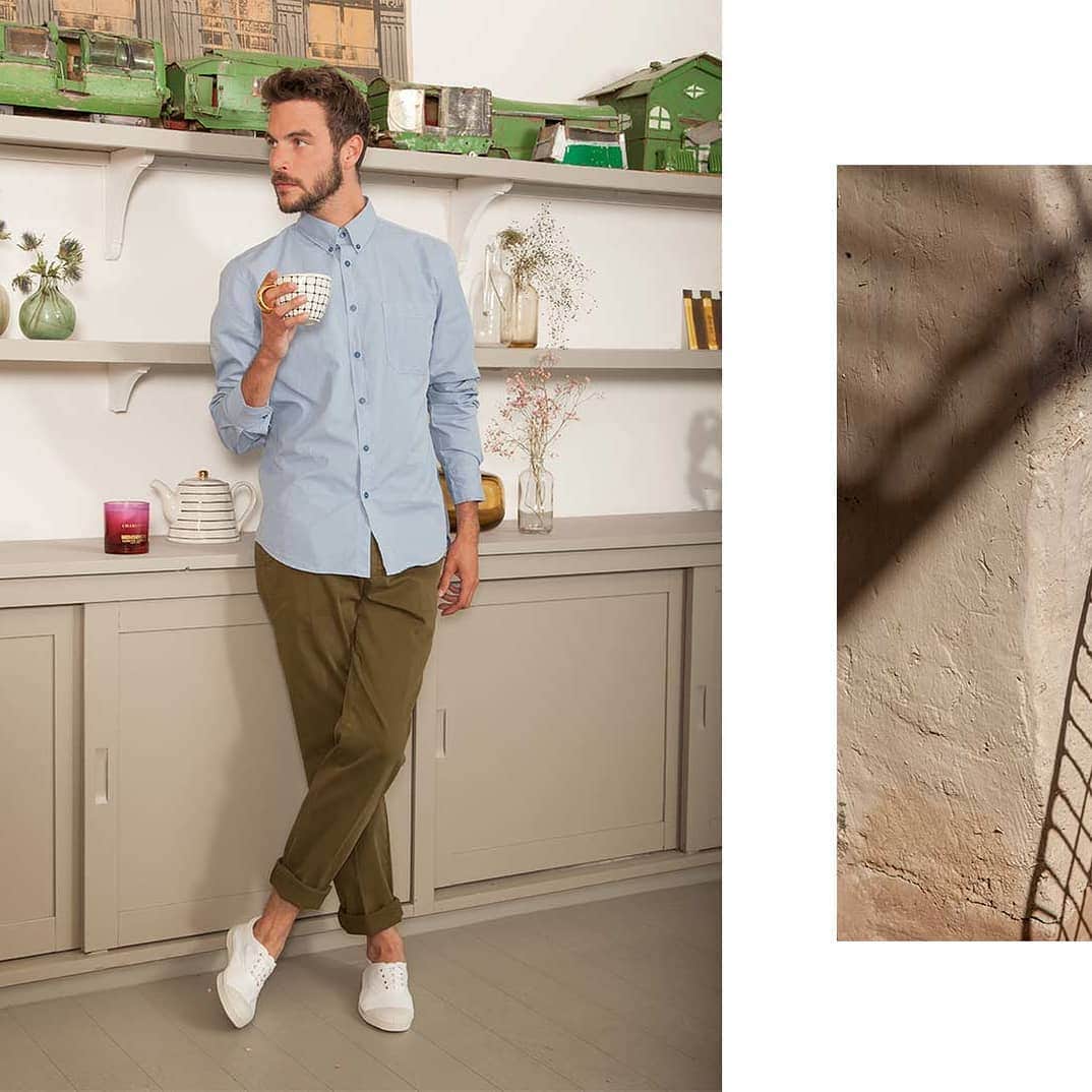 ベンシモンのインスタグラム：「Une paire de tennis iconique, une chemise et un pantalon au style army: le combo parfait pour un look casual élégant! 🌿 🇬🇧 An iconic pair of tennis shoes, an army style shirt and pants: the perfect combination for a casual and elegant look! 🌿 #Bensimon #vestiairemasculin #homme #tennis」