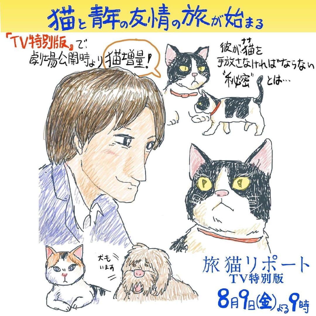 日本テレビ「金曜ロードSHOW!」さんのインスタグラム写真 - (日本テレビ「金曜ロードSHOW!」Instagram)「#金曜よる9時 は #旅猫リポート #TV特別版 を放送します😸映画では未公開の猫のカットを追加した #金曜ロード だけの特別版です🤩猫好きな方にはもちろん、猫は苦手だなという方にも切なくて心温まるストーリーです🎞✨猫と青年の友情の旅をイラストでご紹介💕 #猫増量 #有川浩 #福士蒼汰 #高畑充希 #広瀬アリス」8月7日 11時57分 - kinro_ntv