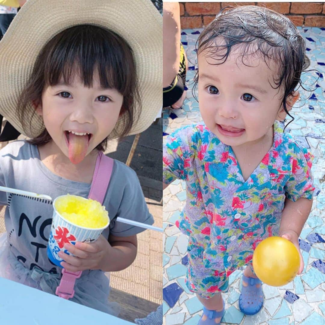 ともみさんのインスタグラム写真 - (ともみInstagram)「. 毎日あつーーーーーーいけど、 水遊びして、かき氷食べて夏満喫🍧💕 . レモン味のかき氷を食べたらとても美味しかったらしく🍋 しかも舌の色が大好きな黄色に変わって喜ぶゆず可愛すぎか😂💕 はるくんもお水で濡れた自分の顔を一生懸命拭いててこれまた可愛い🥰 ...ほんっとに暑くてバテるから親バカにならないとやってらんないです😂💕笑 . . はるくんのサンダル詳細↓ ――――――――――――― ジェリーサンダル☆ブルー/メッシュベルクロ 1歳5ヶ月★75cm★9.5kg @babychu2014 @babychuboys (#igor ) 着用サイズ12.5 ――――――――――――― #babychu #べびちゅモデル #babychuモデル #べびちゅボーイズ #babychuboys #姉弟 #5歳 #5歳5ヶ月 #1歳 #1歳5ヶ月 #夏 #水遊び #サンダル #かき氷 #レモン」8月7日 19時20分 - yuzu_haru_18