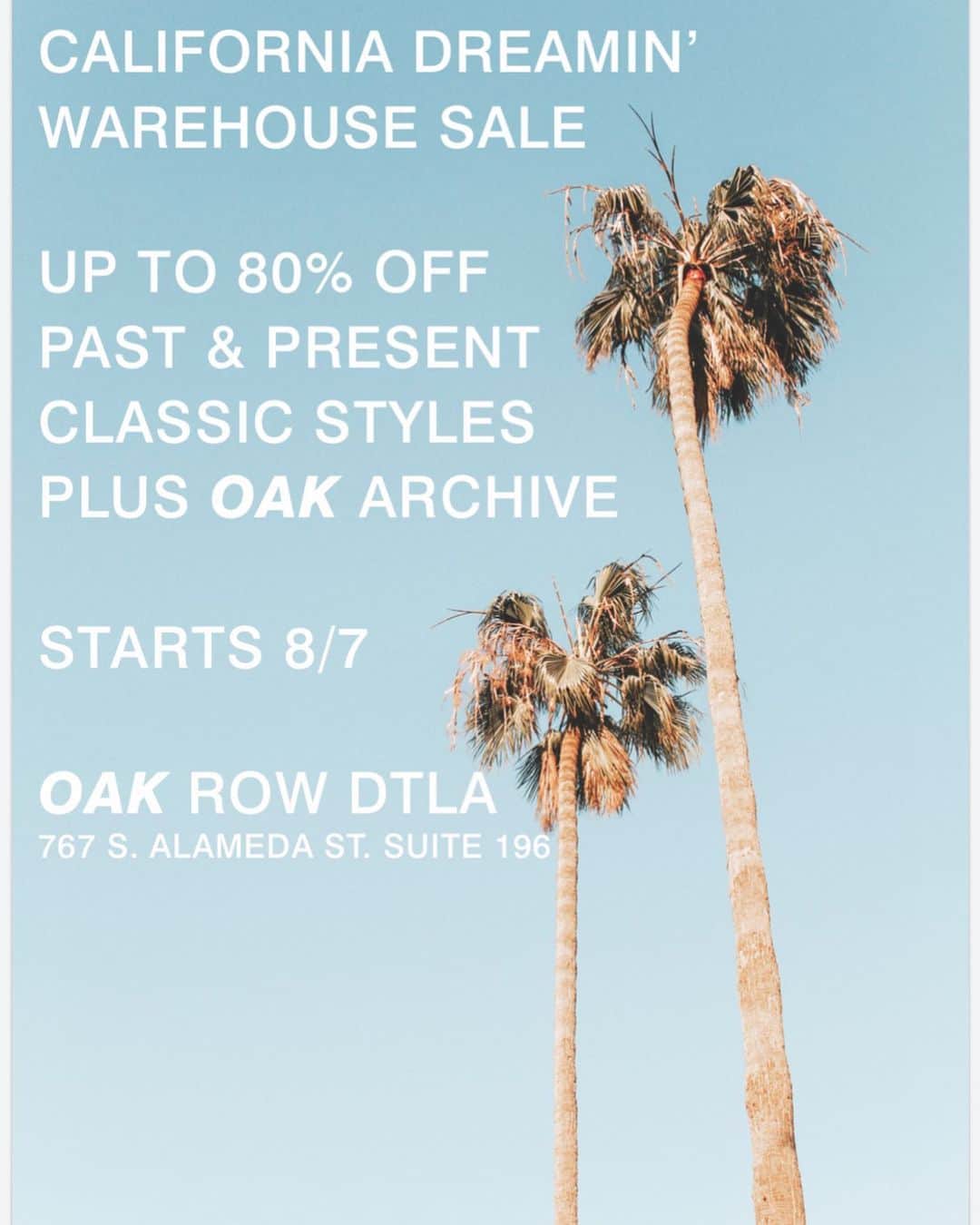 オーク ニューヨークのインスタグラム：「ATTN: LA! OAK warehouse sale starts today at our DTLA store location: 767 South Alameda St. Suite 196 up to 80% off with extra inventory from our Brooklyn warehouse! Stop by from 11-6pm! ☀️🌴」
