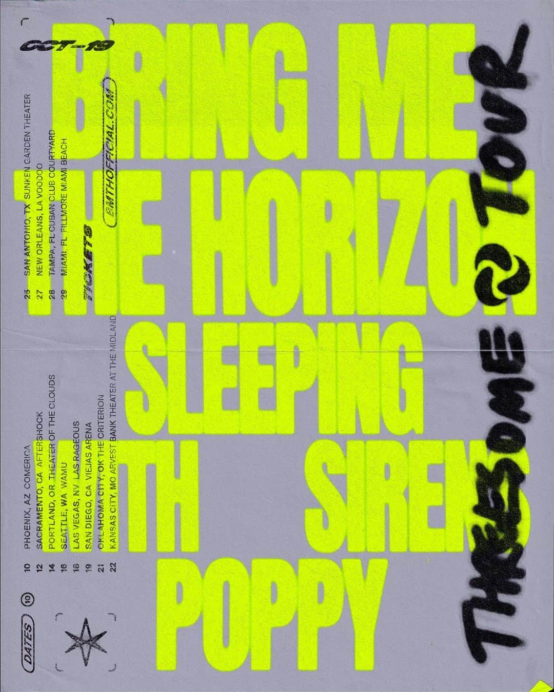 ニック・マーティンのインスタグラム：「It’s happening.. - BMTH x SIRENS x POPPY  Tickets available Friday @ 10AM local! Who’s coming out?  Oct 10 - Phoenix, AZ Oct 14 - Portland, OR Oct 16 - Seattle, WA Oct 19 - San Diego, CA Oct 21 - Oklahoma City, OK Oct 22 - Kansas City, MO Oct 25 - San Antonio, TX Oct 28 - Tampa, FL Oct 29 - Miami, FL  #bringmethehorizon #sleepingwithsirens #threesometour」