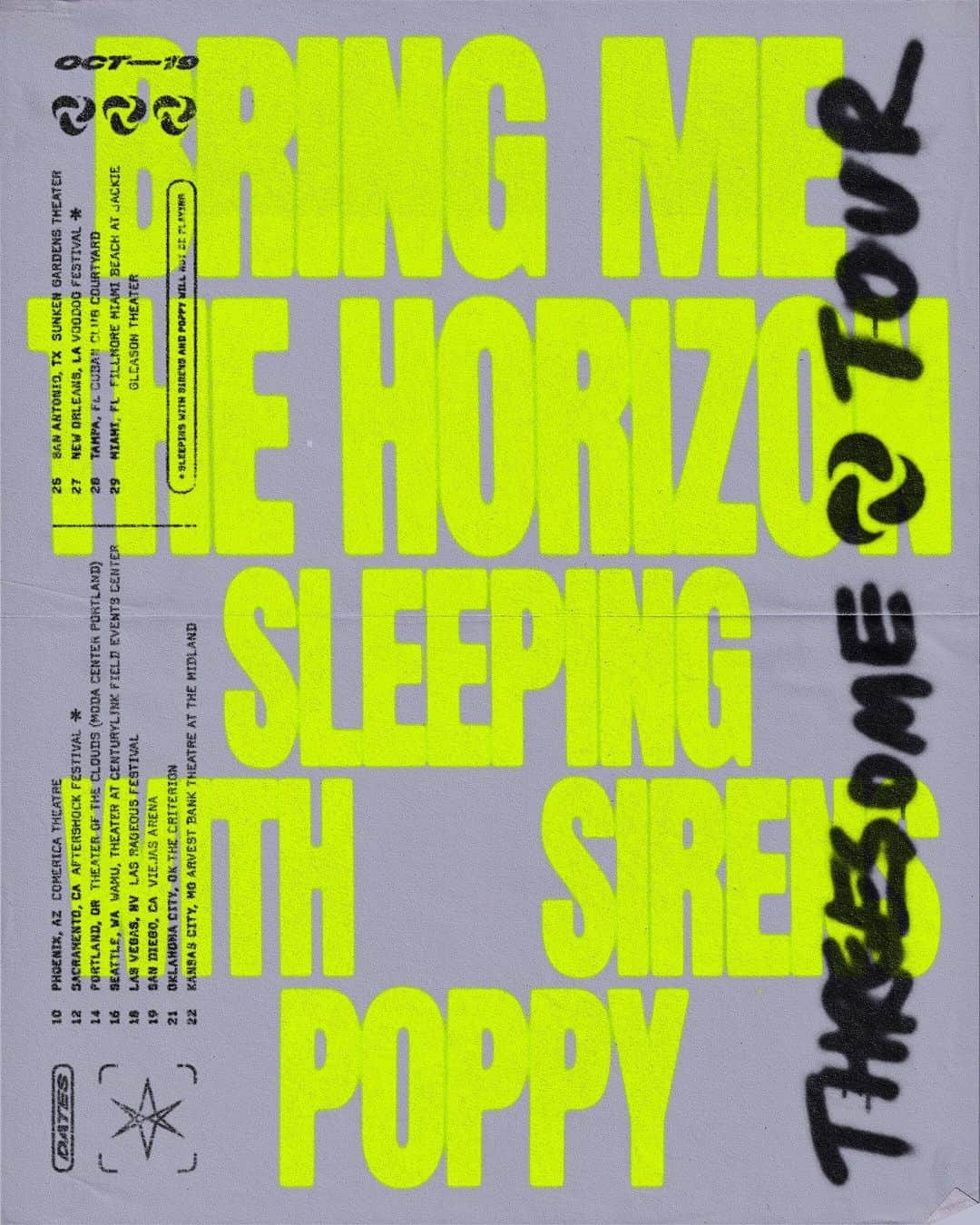 ジャスティン・ヒルズのインスタグラム：「@BringMeTheHorizon @imPoppy  Tickets available Friday at 10AM local SirensMusic.co  Oct 10 - Phoenix, AZ Oct 14 - Portland, OR Oct 16 - Seattle, WA Oct 19 - San Diego, CA Oct 21 - Oklahoma City, OK Oct 22 - Kansas City, MO Oct 25 - San Antonio, TX Oct 28 - Tampa, FL Oct 29 - Miami, FL」