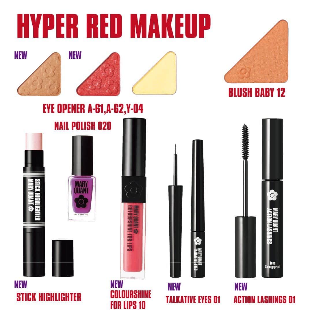 MARY QUANT officialさんのインスタグラム写真 - (MARY QUANT officialInstagram)「【HYPER RED MAKEUP】 レッドを効かせた 大胆なのにクールな仕上がり。 - HOW TO EYE - STEP1 #EYEOPENER A-61をアイホール全体と、目尻下に入れる。 - STEP2 #EYEOPNER A-62をアイホールの中間まで入れる。 - STEP3 #EYEOPENER Y-04で目頭下にハイライト効果を。 - STEP4 #TALKATIVEEYES 01でラインを入れる。 - STEP5 #ACTIONLASHINGS 01を上下にたっぷりと。 - HOW TO CHEEK & LIP - #BLUSHBABY 12を骨格に沿って斜めに入れ、 チークと平行に#STICKHIGHLIGHTER を 頬骨の高い位置に斜めに入れる。 #COLOURSHINEFORLIPS 10を唇全体にしっかりと。 - #MARYQUANT #AUTUMN2019 #NEWITEMS #BEAUTY #COSMETICS #AUTUMNCOLOURS #MAKEUP #MAKEPATTERN - #限定 #秋新色 #秋コスメ」8月8日 13時02分 - maryquant_official