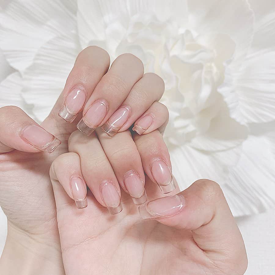 のインスタグラム：「now nail💅🏻 クリアフレンチかわいい🥺 . . #instagood #love #nail #new #beauty #makeup #クリアフレンチ #フレンチネイル #ジェルネイル #marvelous」