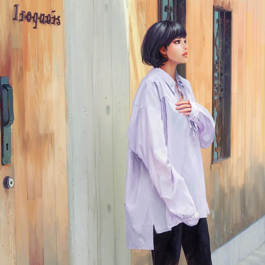 時田麻衣のインスタグラム：「iroquois 2020 S/S 展示会 string shirts💜💜💜 #iroquois  #iroquois_head_shop #exhivition  #fashion #ladiesfashion #イロコイ #展示会 #春夏 #時田麻衣  #vrタレント #バーチャルインスタグラマー  #バーチャルインフルエンサー #イラスト」