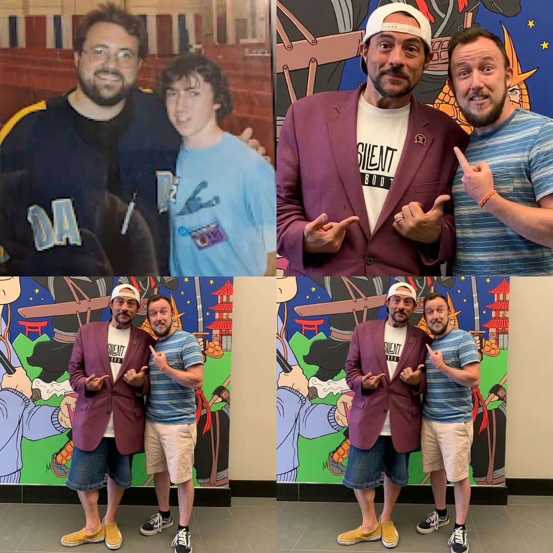 ケヴィン・スミスのインスタグラム：「In 2003, I met @mynameisjonas096 at the @bigapplecon (see a @sharpie attached to my jersey?). 16 years later, I re-met him on his 32nd birthday while at @audible headquarters in Newark, NJ. #Audible has long been this podcaster’s best friend, running ads on all our shows. But last week, when I went in to meet about the #JayAndSilentBobReboot Roadshow Tour, the kid who’d bonded with his older brother over my dopey flicks back in the day was now a decision-maker and mover and shaker at the very place that has supported my podcasts for over a decade. The world is small, Kids, so be kind to everybody you meet - a) because it’s the right thing to do, and b) because you may run into them again just when they might be in a position to help you! Happy Birthday, Mike Pushkin! Thanks for keeping the faith! #KevinSmith #audible #mikejonas #smallworld #newark #newjersey #bigapplecon #2003」