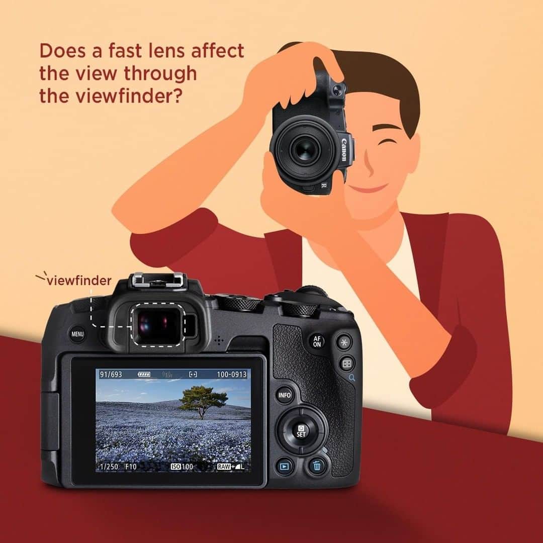 Canon Asiaのインスタグラム：「💡 Fun fact: Fast lenses make all the difference when it comes to the viewfinder view! With a large maximum aperture, they are able to achieve exposure faster, giving you a brighter viewfinder view. This allows you to see details better and is extremely handy when trying to get that perfect shot especially in low-light conditions!  Learn more about how fast lenses affect the viewfinder when you shoot, link in bio!  #canonasia #photography #cameralens #photogear #cameragear #aperture #fastlens #EVF #viewfinder #exposure #cameratips #photographytips」