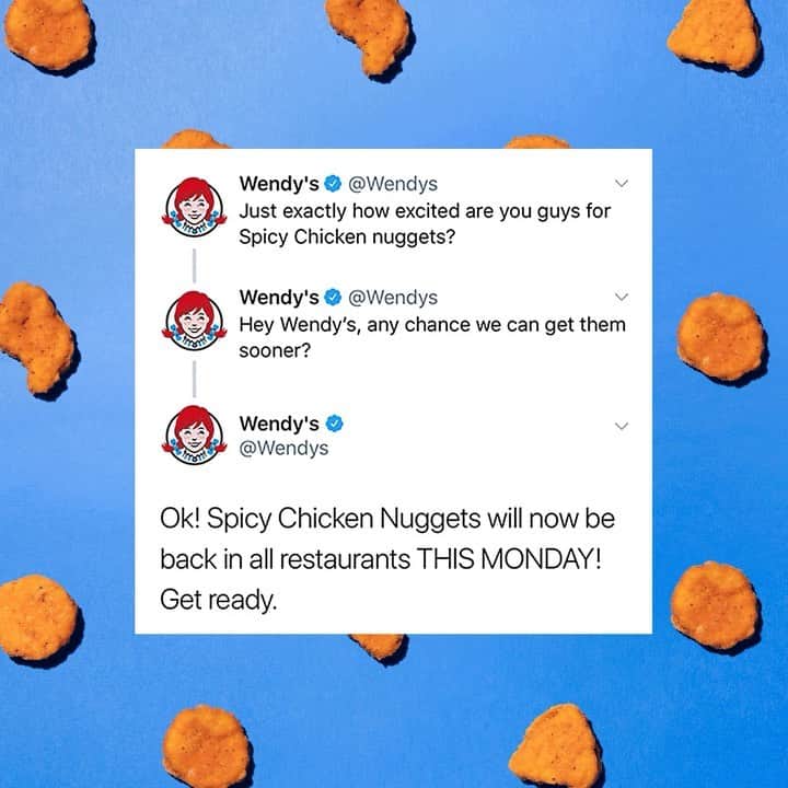 ウェンディーズのインスタグラム：「Spicy Chicken Nuggets will now be back in all restaurants THIS MONDAY! Get ready. 🔥」