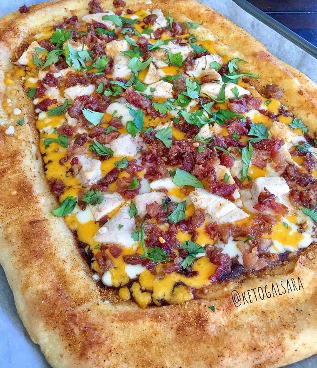 Flavorgod Seasoningsさんのインスタグラム写真 - (Flavorgod SeasoningsInstagram)「BBQ Chicken Bacon Stuffed Crust Pizza - ✅ KETO approved - Recipe by @ketogalsara using our #flavorgod Bacon Lovers seasoning🥓🥓🥓⁠⠀ -⁠⠀ On Sale here ⬇️⁠⠀ Click the link in the bio -> @flavorgod | www.flavorgod.com⁠⠀ -⁠⠀ 🍕 Who needs this Bbq chicken bacon stuffed crust pizza?? I skipped lunch for this bad boy and it was sooooo worth it 🤣⁠⠀ —————————————————————.⁠⠀ .⁠⠀ 🔹Start with using your favorite fat head dough recipe. I use @keto.copy version (video tutorial in her highlights at top of her page)⁠⠀ 🔹roll the dough out into the desired shape⁠⠀ 🔹place cheese sticks around outside edge of crust and then roll dough around cheese and press dough so that it has a solid seal. (Tonight I cut my cheese sticks down the middle to cut back on the cheese but I prefer the whole piece more 🤦🏻‍♀️)⁠⠀ 🔹Sprinkle with preferred seasoning. I used Bacon Lovers from @flavorgod .⁠⠀ 🔹Poke crust with fork⁠⠀ 🔹Place in oven on parchment paper lined baking pan 350° for 15 minutes popping any bubbles that formed during this time (time varies based of thickness so keep an eye on it)⁠⠀ 🔹Remove from oven. Top with desired toppings. I used @ghughessugarfree Hickory bbq, grilled chicken, more @flavorgod bacon seasoning, shredded cheese and bacon crumbles. .⁠⠀ 🔹Place back in oven to cook for another 10 minutes or until crust is slightly golden and cheese is fully melted. (Time will vary based off crust thickness so please keep an eye on it)⁠⠀ 🔹Remove from oven. Top with fresh cilantro .⁠⠀ 🔹Brush melted @chefshamy garlic butter on the crust⁠⠀ 🔹Serve hot and enjoy. Crust pairs nicely with ranch🤪⁠⠀」8月9日 0時57分 - flavorgod