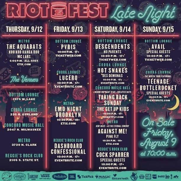 Alternative Pressさんのインスタグラム写真 - (Alternative PressInstagram)「The riot doesn't stop when the sun goes down @riot_fest⁠ LINK IN BIO 🌙⁠ .⁠ .⁠ .⁠ #riotfest #riotfestlatenight #theaquabats #kookookangaroo #mclars #pvris #lucero #emonightbrooklyn #dashboardconfessional #descendents #noparents #hotsnakes #desdemonas #takingbacksunday #thegetupkids #againstme #pinknfly #cocksparrer #avail #teenagebootlerocket」8月9日 3時01分 - altpress