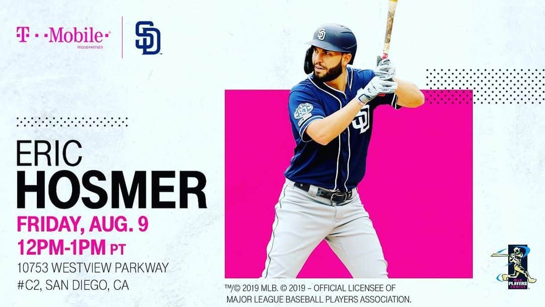 エリック・ホズマーのインスタグラム：「Padres fans! I will be at the @TMobile store on Westview Parkway this Friday from 12pm-1pm. Swing by and get a pic. #ad」