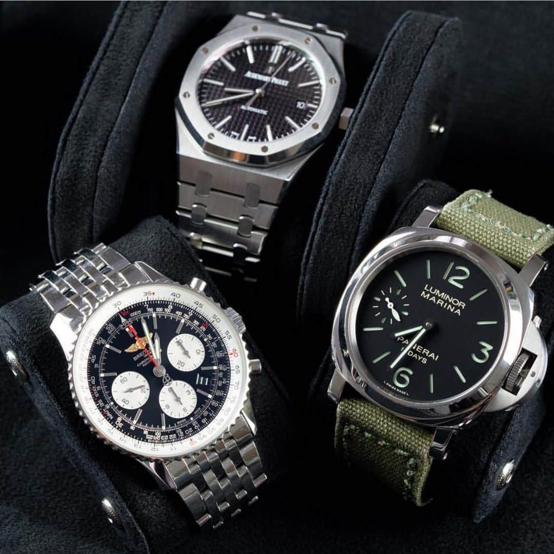 パネライのインスタグラム：「Loving the canvas strap on the #Panerai #PAM510 44mm Luminor Marina in this trio of pieces.  By @ebw.inc #AudemarsPiguet #Breitling #paneraicentral」
