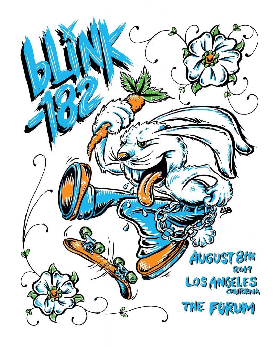 blink-182さんのインスタグラム写真 - (blink-182Instagram)「Best said by @matttskiba ・・・ SO HONORED @stevecaballero designed the show posters for @blink182’s show @theforum this week! Steve has always been a huge inspiration to me personally. I discovered my first love: THE MISFITS because of a shirt he wore in THE SEARCH FOR ANIMAL CHIN (Crimson Ghost Tee!). Steve taught me how to speed carve a bowl (at Hayward Skatepark years ago when he saw me struggling to figure it out came up and offered to give me some pointers!) and later became a friend doing Warped Tour together. The Faction, his skating, and his musical taste is a huge part of my life and now his art on a show poster for a gig I’m playing is an absolute dream come true! Thanks a MILLION Steve! You rule, homie!!! xo M. #cab 🖤」8月9日 6時42分 - blink182