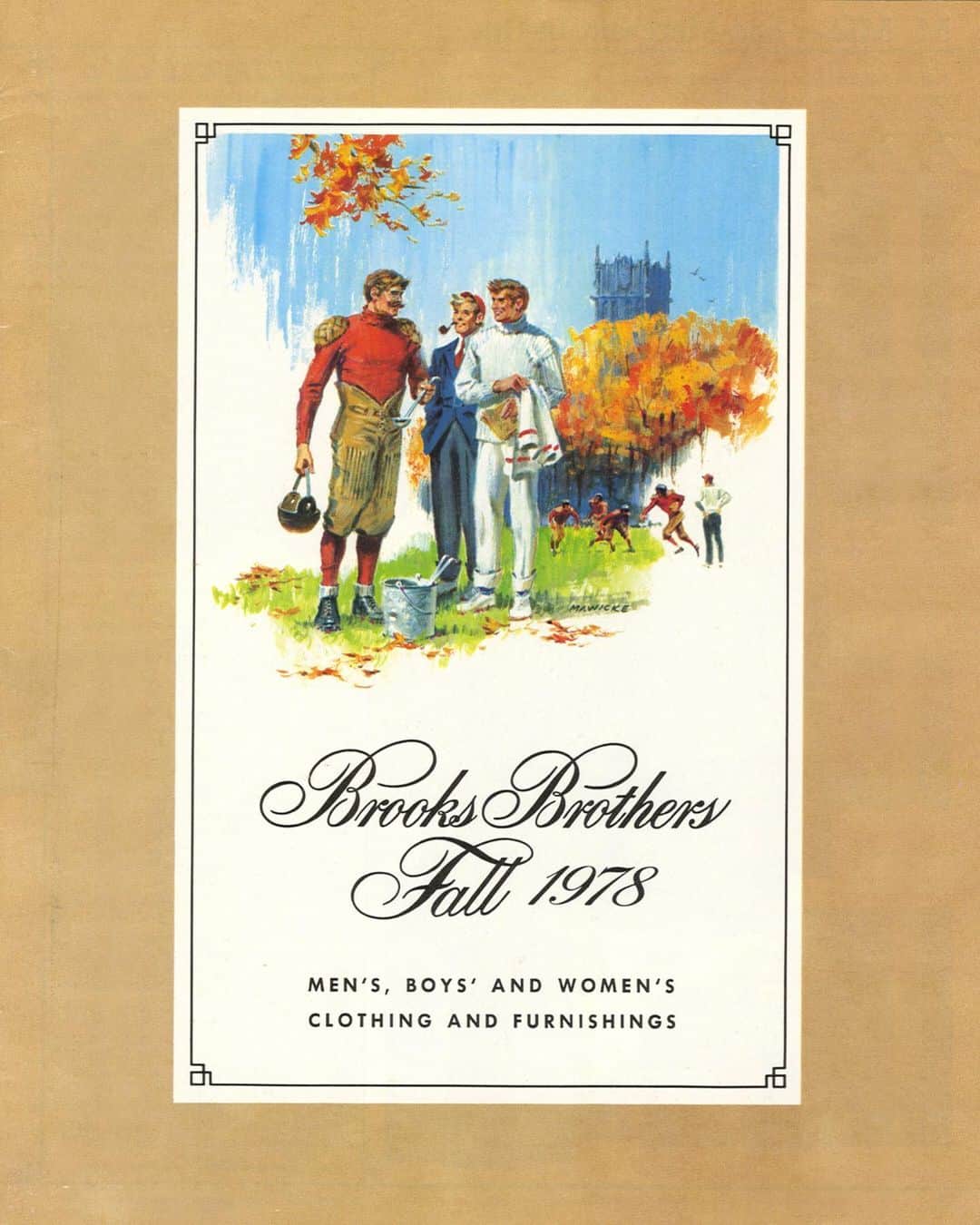 のインスタグラム：「This nostalgic scene that graced our catalog cover in Fall 1978 gets a second life as a pocket square 👉 (Swipe). It’s sure to be a conversation starter and add an artful touch to your ensemble. #TBT #BrooksBrothers #FromTheArchives」
