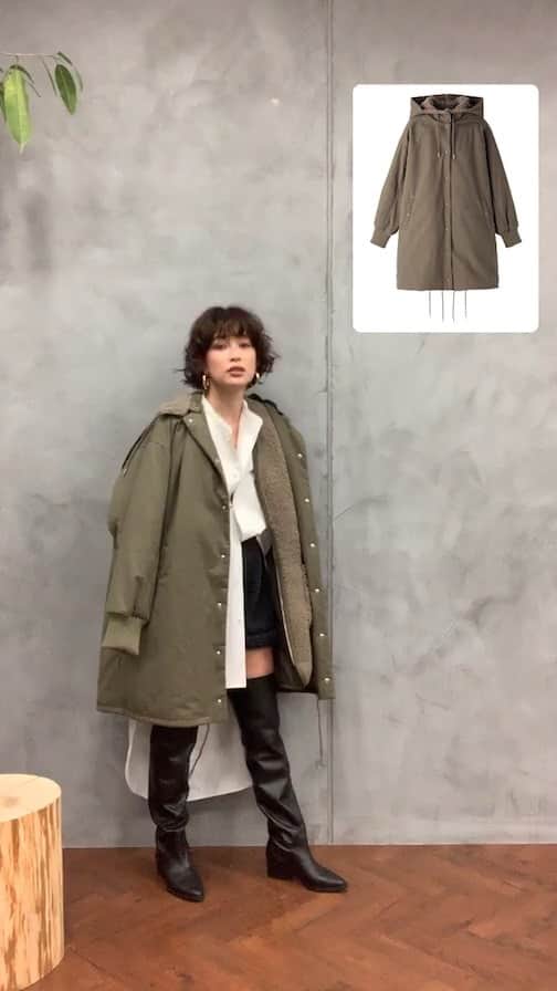 JUNNAのインスタグラム：「@junna  #ミリタリーライナーボアコート  ETRÉ TOKYO ONLINE STORE / LUMINE新宿店にて冬アイテムの 予約会を開催中です。 ・ ・ ・ - 開催期間 - 8/8(木) 12:00 - 8/14(水)23:59 ・ ・ 気分やコーディネートによってアレンジが楽しめる 5WAYミリタリーコート🥳 フードを取り外してノーカラーコートにもなります！ インナーベスト単体のコーディネートもとにかく可愛い フードとベストにはボア素材で本格的に寒い季節にもあったか🤭 #エトレコート ・ ・ outer/ #ミリタリーライナーボアコート  KHAKI/BEIGE  shirt/#バックテールロングシャツ AW 6/30  予約終了 boots / #エトレニーハイブーツ AW  6/23  予約終了  #etretokyo #junna👠 #2019ETREaw #156cm #ボブヘア #ショートボブ #秋服 #ボブヘアアレンジ #ボブ#ルミネ #ルミネ新宿」