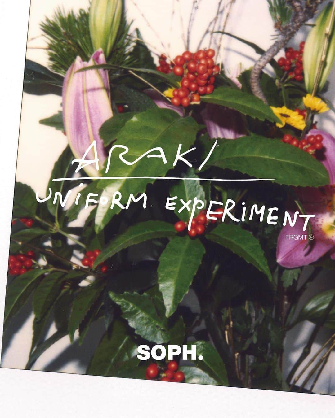 のインスタグラム：「日本を代表する写真家・現代美術家であるアラーキーこと荒木経惟氏とuniform experiment 初のコラボレーションが実現。 . 荒木経惟氏が、定期的に発表しているモチーフである「花」シリーズより、藤原ヒロシ氏が厳選したポラロイド作品を落とし込んだアートとファッションが密接にリンクした今回のプロジェクト。 各プロダクトには荒木経惟氏による手書きのサインがプリントされている。 . 「花は死に近づくとより生き生きとしてくる。枯れる直前が一番きれいだ。近づいて性霊に酔い花曲を聴く。」 文 : 荒木経惟 . SOPH.20周年を飾るに相応しいコラボレーションプロダクトは、8月21日(水)より、ISETAN MEN’S 6F Pop-Upスペースにて先行発売後、8月31日(土)より、全国のSOPH.shop及び正規ディーラーにて発売。 *SOPH.ONLINE STOREでは9月2日(月)より発売致します。 . NOBUYOSHI ARAKI x uniform experiment “FLOWER” 2019.8.31(sat) Release at SOPH.shops & official dealers. 2019.8.21(wed) Pre-Release at ISETAN MEN’S 6F as Pop-Up event. 2019.9.2(mon) Release at SOPH. OnlineStore. . As one of our 20th anniversary project, collaborated with "NOBUYOSHI ARAKI" aka Arākī. Hiroshi Fujiwara loves ARAKI’S polaroid art from his flower series and picked some his favorite polaroid for this collaboration. All of products has printed ARAKI’S hand signature. . #uniformexperiment #荒木経惟 #荒木経惟xUE #荒木経惟xuniformexperiment #NobuyoshiARAKI #NobuyoshiARAKIxUE #NobuyoshiARAKIxuniformexperiment #FLOWER #SOPH20thProject #FRAGMENT #FRGMT @fujiwarahiroshi  www.arakinobuyoshi.com」