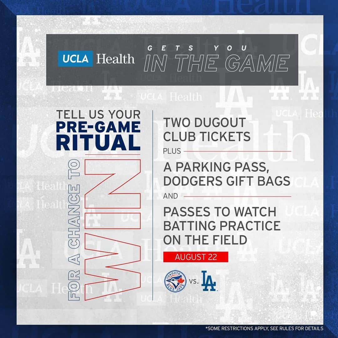 Los Angeles Dodgersさんのインスタグラム写真 - (Los Angeles DodgersInstagram)「What’s your pregame ritual? Follow @uclahealth and tag a friend that you have a Dodger pregame ritual with for your chance to win! Rules: Dodgers.com/uclarules.」8月10日 1時53分 - dodgers