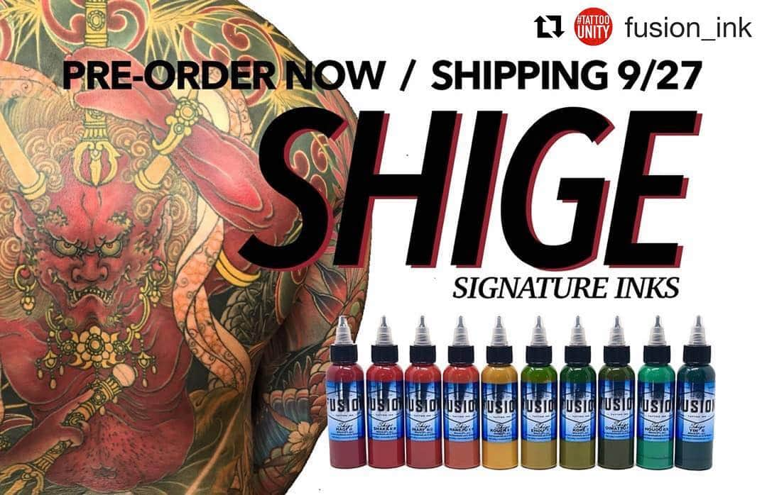 SHIGEのインスタグラム：「My signature inks,, will be coming soon. I am very honored that many artists will use it. Thank you so much! Love @fusion_ink colors!  #Repost @fusion_ink with @get_repost ・・・ @shige_yellowblaze new Japanese set coming soon. Pre order yours today. Shipping 9/27/2019 www.fusiontattooink.com or call 877 724 0008 #FUSIONINK #fusionfamily #fusiontattooink #tattoounity #tattoos #tattoo #tattooed #artist #bright #tattooartist #tattooink #ink #inkedup #skinartmag #amazingink #tattoolife #supportgoodtattoos #bold #tattooing #instatattoo」