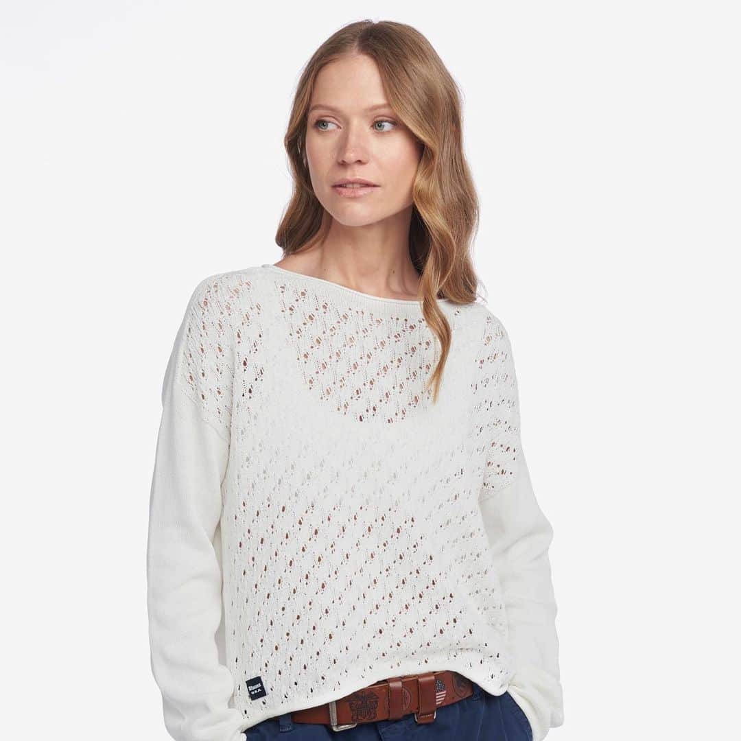 ブラウアーさんのインスタグラム写真 - (ブラウアーInstagram)「Cotton sweater with lace-effect. Must-have piece of the season. Shop @blauerusa.com #Blauer #Blauerusa #SpringSummer2019 #sweater」8月9日 21時01分 - blauerusa