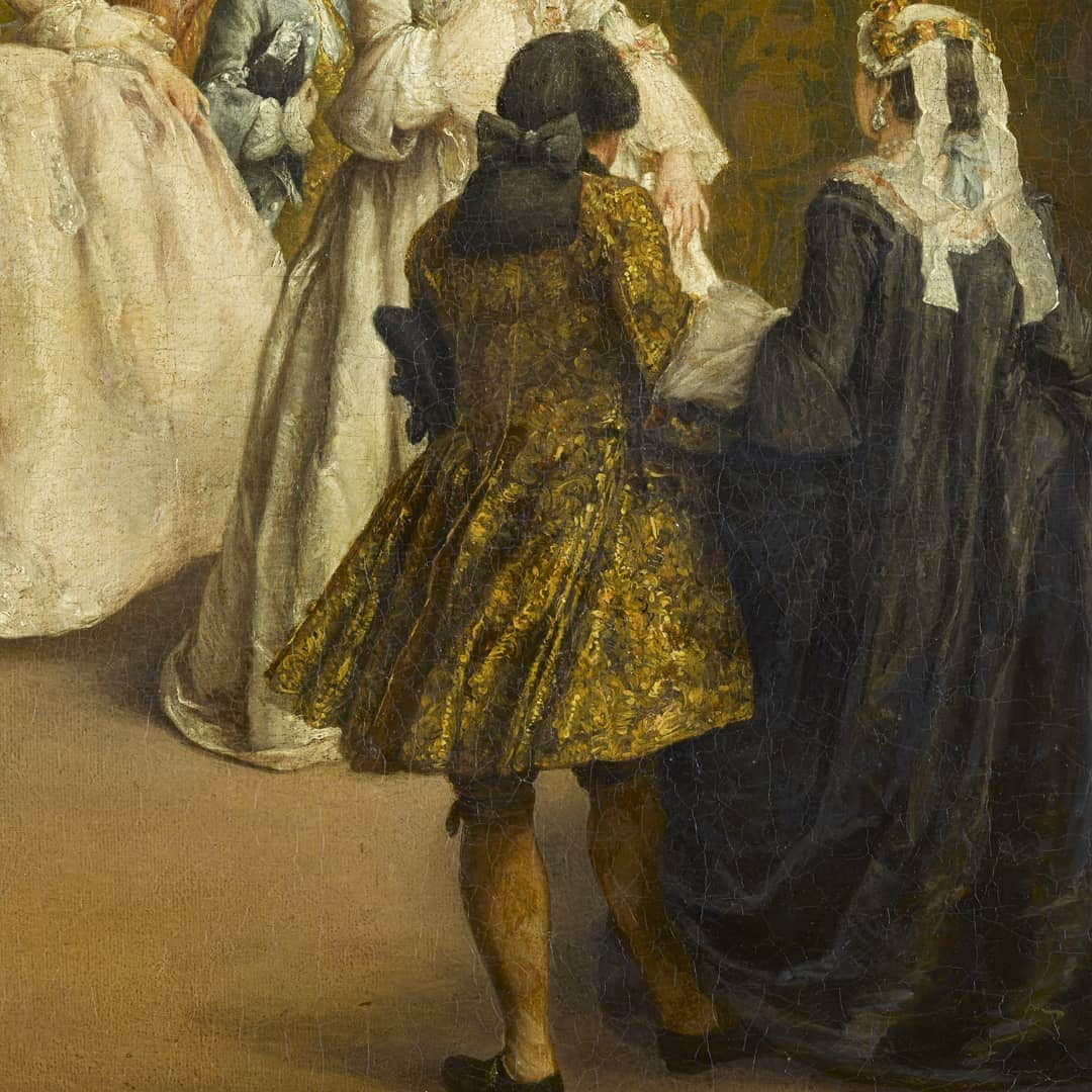 ルーブル美術館さんのインスタグラム写真 - (ルーブル美術館Instagram)「. 🇫🇷 Le vendredi c’est #LaModeAuLouvre ! - 🖼 Dans ce tableau, Pietro Longhi (1702 - 1785) nous introduit dans un intérieur particulièrement élégant. Au premier plan, un jeune seigneur donne le bras à une femme. Elle esquisse une révérence devant une femme élégante qui tient son éventail fermé contre son menton. Derrière elle, deux jeunes garçons et à sa droite, une jeune femme déploie sa large robe. - 🔎 Le jeune homme du premier plan porte un habit brodé de fils d’or en un motif herbacé. Un jabot, des bas de soie et un tricorne complètent l'ensemble. Les deux garçons portent les habits à la mode tels que ceux du jeune homme. - 👗 Une des jeunes femmes est vêtue d’une robe noire et coiffée d’un bonnet à fleurs et à brides. L’autre porte une large robe rose bordée de perles. Les formes que prennent leurs robes laissent deviner qu’elles portent des paniers à coudes en dessous. La femme à l'éventail porte quant à elle une robe brodée de fleurs au tombé délicat. La richesse de ses bijoux nous révèle qu’elle est la maîtresse de maison. - 📍 Aile Denon, salle 724. - - - - 🌍 It’s #FashionFriday at the Louvre! - 🖼 In this painting, Pietro Longhi (1702 - 1785) introduces us to a particularly elegant interior. In the foreground, a young lord gives the arm to a woman. She sketches a curtsy in front of an elegant woman who holds her fan closed against her chin. Behind her, two young boys and to her right, a young woman unfolds her wide dress. - 🔎 The young man in the foreground wears a garment embroidered with gold threads in a herbaceous pattern. A ruffle, silk stockings and a tricorn complete the set. The two boys wear trendy clothes such as the young man’s. - 👗 One of the young women is dressed in a black dress and wearing a floral and flanged hat. The other wears a large pink dress lined with pearls. The shapes of their dresses suggest that they wear a pannier underneath. The woman with the fan wears a dress embroidered with flowers with a delicate fall. The richness of her jewellery reveals that she is the mistress of the house. - 📍 Denon wing, room 724. - 📷 © Musée du Louvre / Mathieu Rabeau . . . #Louvre #MuseeDuLouvre #LouvreMuseum」8月10日 0時01分 - museelouvre