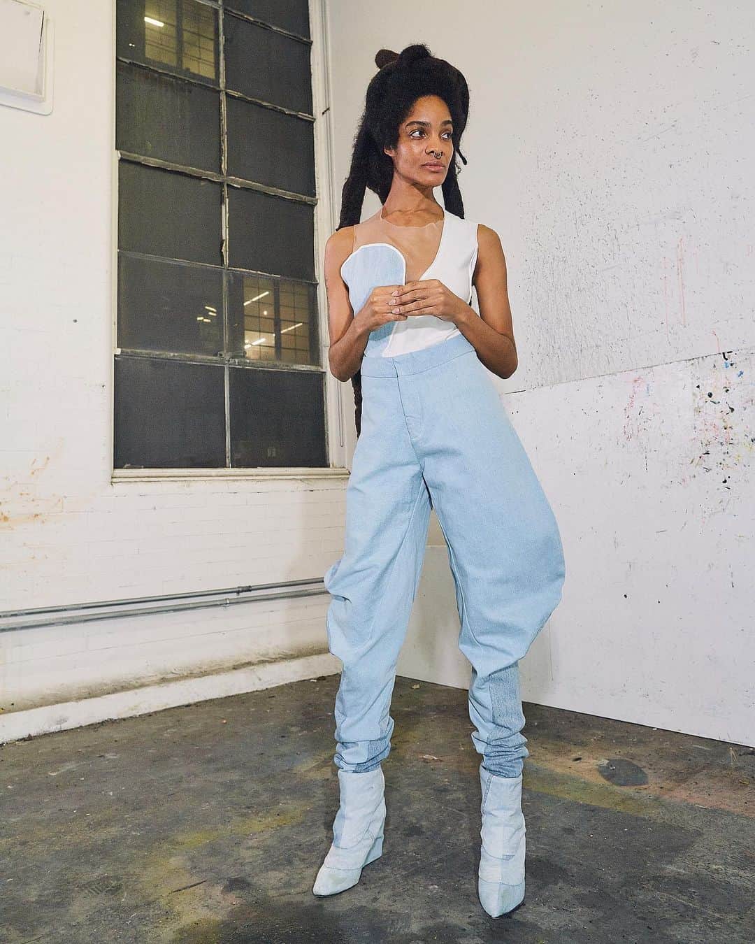 のインスタグラム：「Pre fall salavageDENIM looks are now available on our online shop! Featuring @ladene_clark in our Lulu Pants and Myocardium tank picture by @elisabet_davidsdottir」