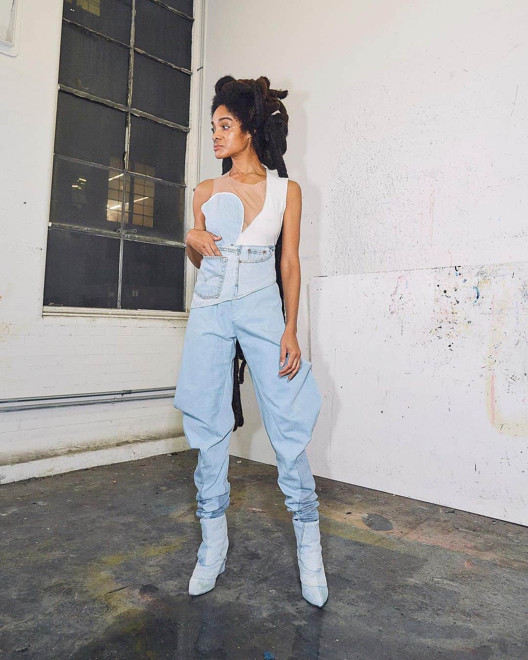 のインスタグラム：「Pre fall salavageDENIM looks are now available on our online shop! Featuring @ladene_clark in our Lulu Pants and Myocardium tank and rePURPOSE denim waist warp picture by @elisabet_davidsdottir」