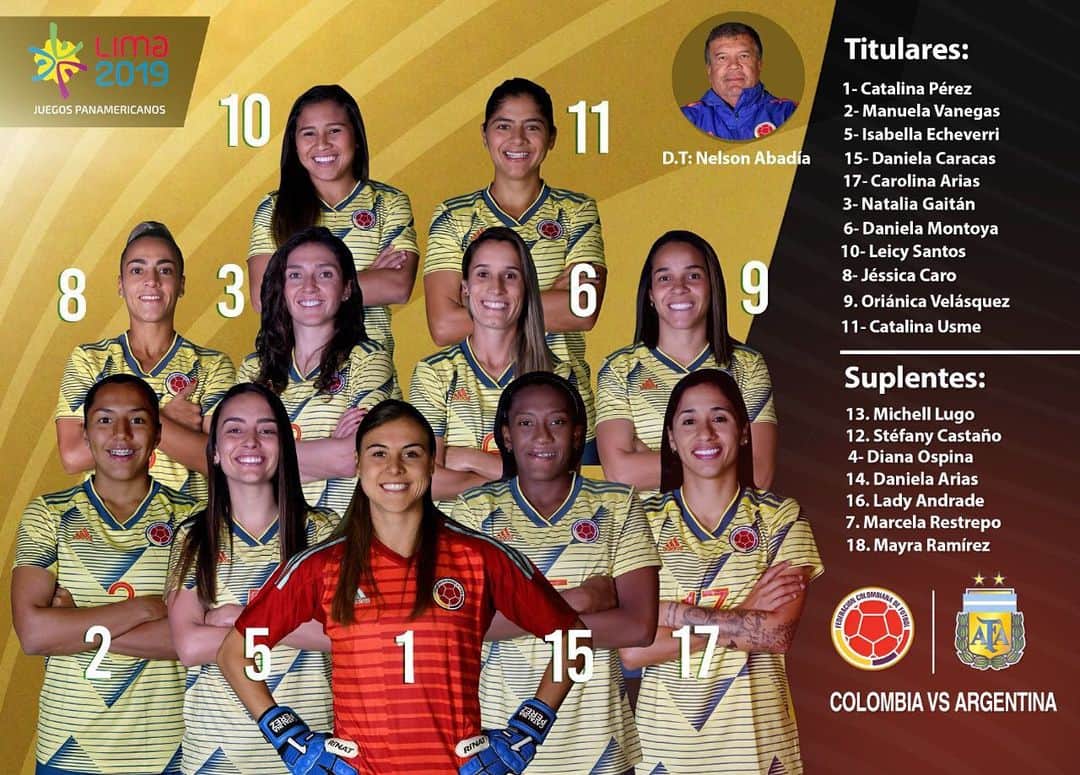 サッカー コロンビア代表チームのインスタグラム：「LAS 11 TITULARES QUE BUSCARÁN HACER HISTORIA E IRÁN POR EL ORO:  La Selección Femenina de Mayores enfrentará a @afaseleccion en la final de los @lima2019juegos. 🇨🇴 vs. 🇦🇷 #CorazónDeGuerreras #JuegosPanamericanos #VamosColombia」