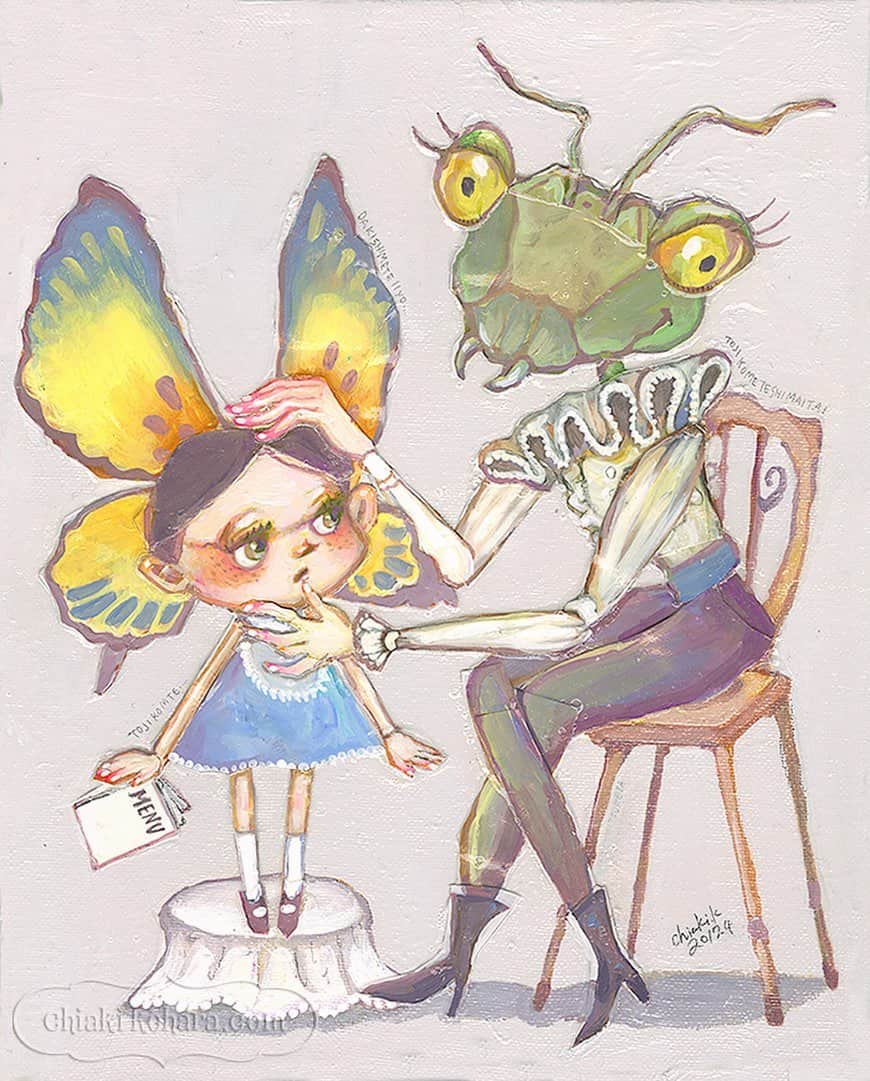 チアキコハラさんのインスタグラム写真 - (チアキコハラInstagram)「《世界で1番おいしそうなあなたを、 私はきっと食べれない。》 The most delicious you in the world But I can not eat  #insect #butterfly # artwork#art #acrylicpainting #昆虫 #虫 #mantis #painting🎨 #painting  ちょくちょく更新していきます🐝」7月17日 18時38分 - chiaki_kohara