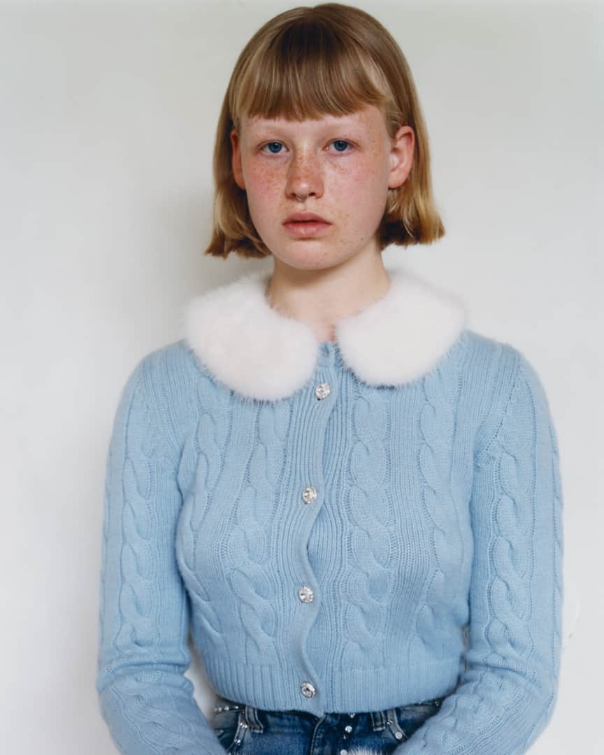 Miu Miuさんのインスタグラム写真 - (Miu MiuInstagram)「Miu Miu Portraits by @Julie_Greve & @LottaVolkova.  Girls photographed just as they are, but in #MiuMiu clothes.  Tilde wears a light blue cashmere cardigan with crystal buttons.」7月17日 18時50分 - miumiu