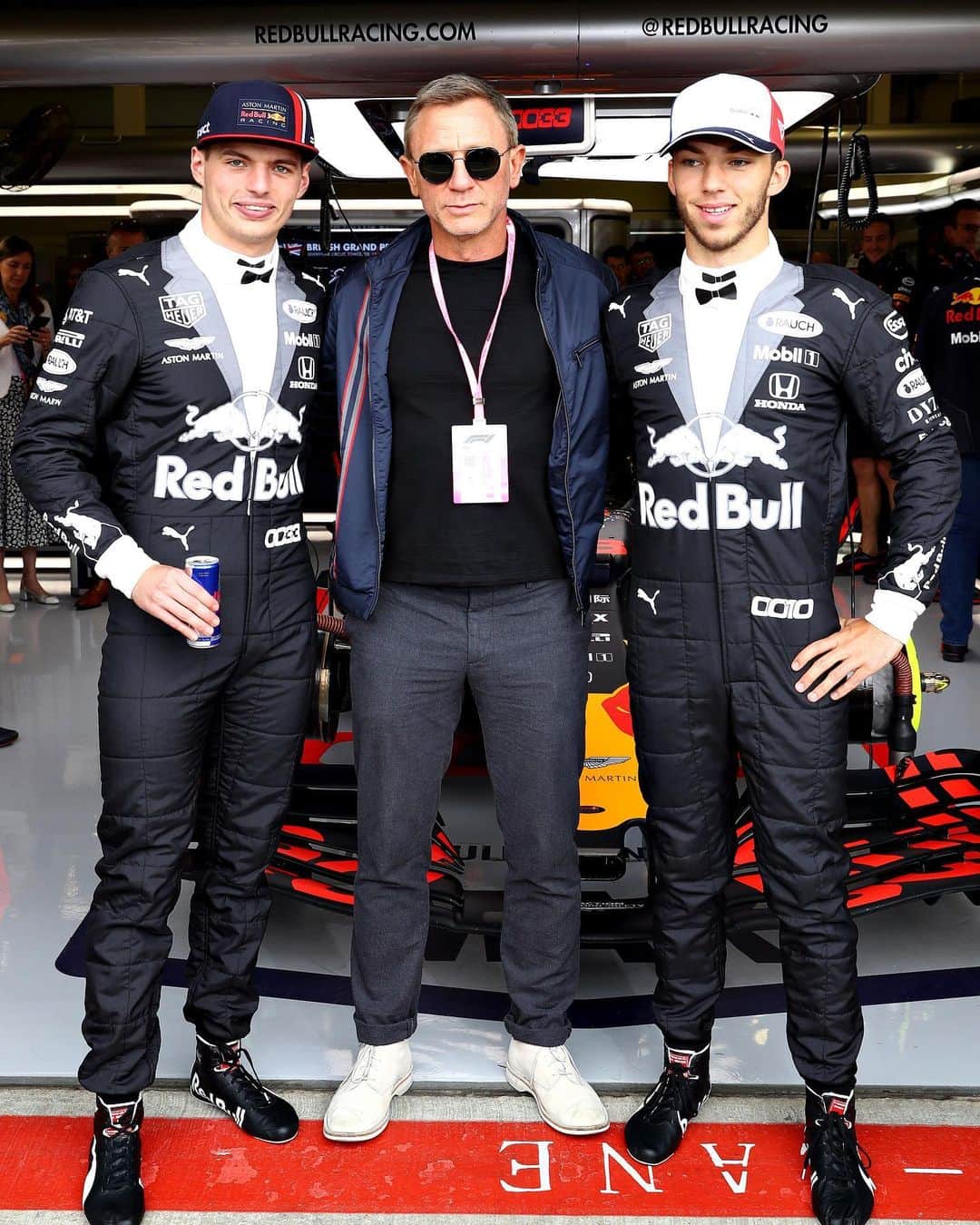 のインスタグラム：「Shaken, not stirred 😎 . . . 🏎: @maxverstappen1 @pierregasly @007 @astonmartinlagonda @pumamotorsport #F1007 📸: @gettyimages |@thommogetty #RedBull #007 #JamesBond #BritishGP #AstonMartinRedBullRacing #givesyouwings #racing #f1」