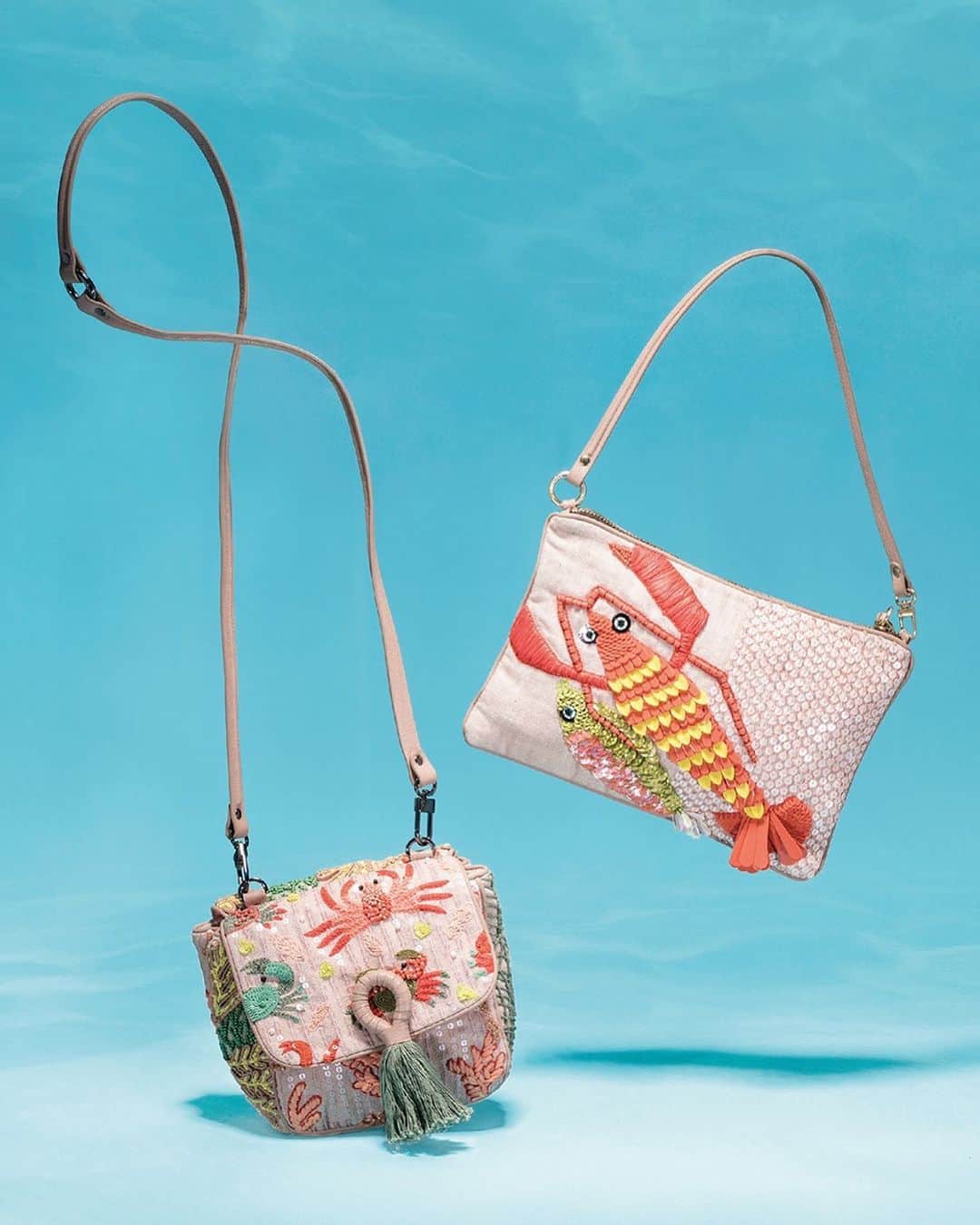 ジャマンピュエッシュのインスタグラム：「Funny sea creatures hand embroidered on these exquisite soft cotton bags. #jaminpuech #style #fashion #summer #bag」