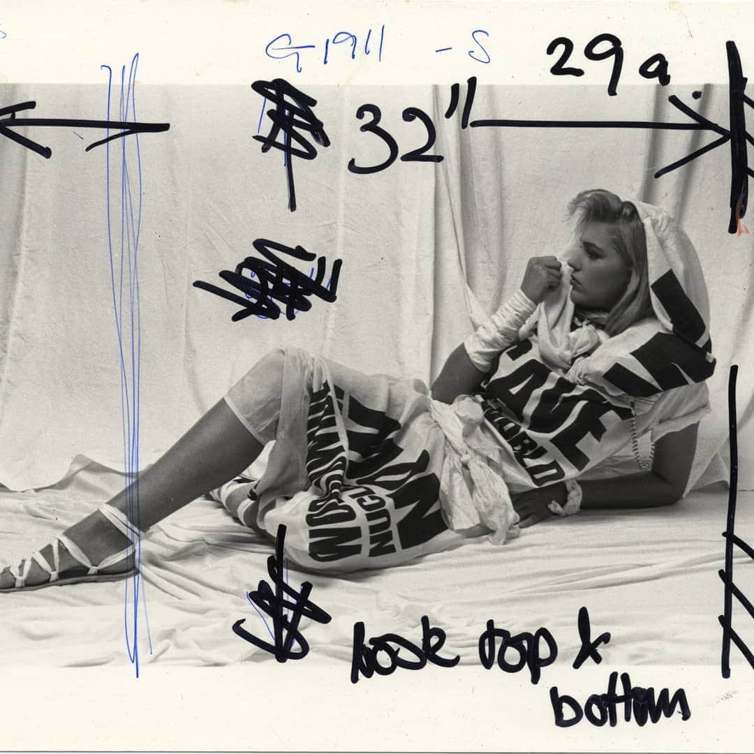 キャサリンハムネットのインスタグラム：「Archive image circa 1984 by Jeffrey Pine.  Pre-digital when photographers made notes on contact sheets and prints.  Styling by Caroline Baker. . . #archive #photography #katharinehamnett #katharinehamnettlondon #SAVETHEWORLD #WORLDWIDENUCLEARBANNOW」