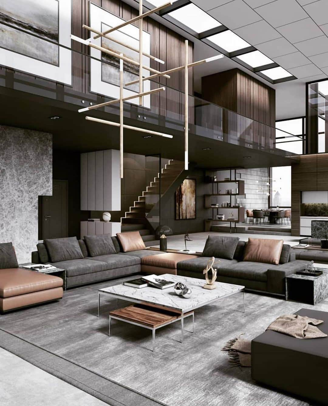 Inspirationさんのインスタグラム写真 - (InspirationInstagram)「rojeto em 3D incrível de apartamento com uma paleta de cores sóbria e com muitos materiais diferentes juntos: metal, couro, plástico, material, estuque. Cada detalhe faz toda a diferença na composição. #decorcriative #decoreinteriores. Follow @decoremais __________________ Design by Georgios Tataridis Located in Chicago, Illinois」7月18日 1時33分 - decorcriative