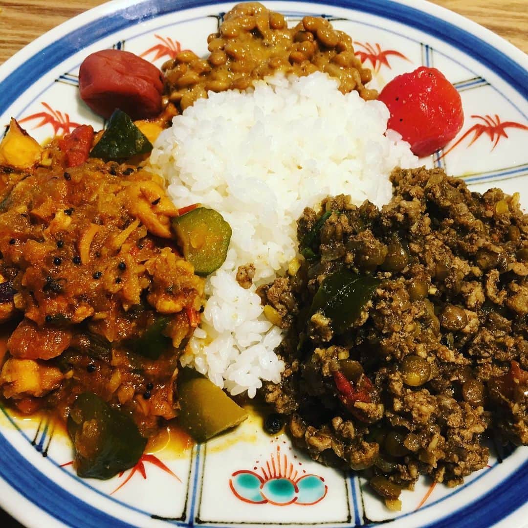 トータス松本のインスタグラム：「左側から反時計回りに、タコキュウリカレー、豚ひき肉とレンズ豆のキーマカレー、トマトのピクルス、ふつうの納豆、梅干し。 何でもやってみるのは楽しいけど、ずばり、タコキュウリカレーはおいちくない。わけを知りたければ、みんなも作ってみて。 #変なカレー #まだまだやるぞ #困った時は #納豆 #夏カレーには #梅干し」