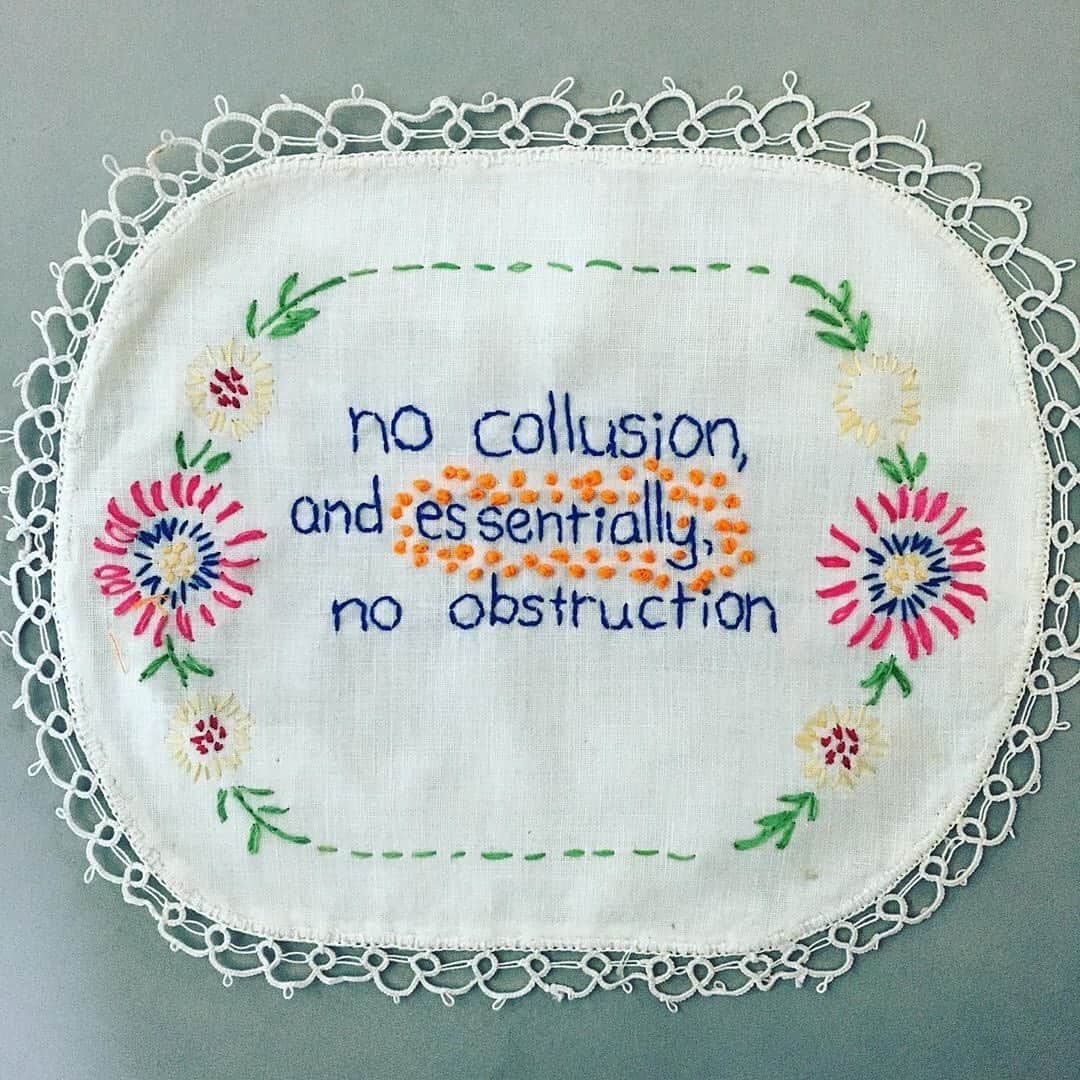 The New Yorkerさんのインスタグラム写真 - (The New YorkerInstagram)「Diana Weymar’s first piece for the Tiny Pricks Project, which she founded last year, was a floral seat cushion from her grandmother’s house, onto which she stitched “I am a very stable genius” in yellow thread. Since then, she’s stitched 450 Trump quotations onto different pieces of fabric. After she opened the project to the public, she began receiving stacks of embroidered Trump quotations by mail—“my fingers are long & beautiful,” "such a nasty woman," "they are free to leave"—and posts them on Instagram @tinypricksproject. “I basically feel like I’m wasting time if I’m not stitching,” she said. “The goal is to have two thousand and twenty by 2020.” Tap the link in our bio for more on @dianaweymar's stitch ’n’ bitch project for the Trump era. Photographs Courtesy @dianaweymar.」7月18日 6時36分 - newyorkermag