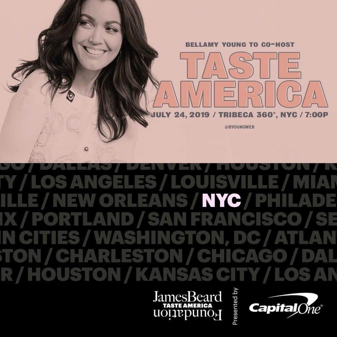 ベラミー・ヤングさんのインスタグラム写真 - (ベラミー・ヤングInstagram)「A little taste of summer in the City? Yes, please. 😎🥂 Join me, @sashacohennyc, and a team of incredible chefs from all across the country for the ultimate summer tasting party- presented by @CapitalOne & the inimitable @beardfoundation’s Taste America NYC! Get your tickets at https://bit.ly/2Nu6r0v 🎫 , & let's nibble our way to bliss together on July 24th! #GoodFoodForGood @tribeca360 #TasteAmerica #Advocacy #Sustainability #Diversity #Leadership #ExtremeYumminess 😋🥰🔥❤️🎉 ps: all praise & thanks to Anna at @byoungweb for the sexy graphic. 😁Someone smart is gonna scoop you up soon & keep you too busy to make pretty things for me- but in the meantime, I sure am grateful. 😍😘❤️」7月18日 7時54分 - bellamyyoung