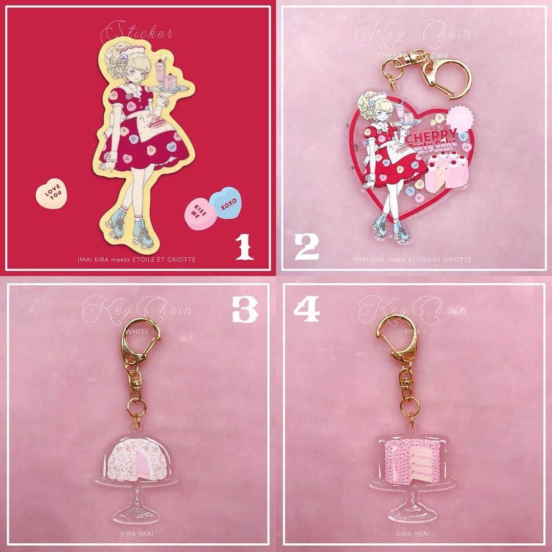 今井キラのインスタグラム：「Etoile et Griotte POP-UP STORE﻿ “Sweet Heart CAKERY”﻿ ﻿ 7/18正午より、お電話での注文が可能になります。﻿ 伊勢丹新宿店大代表﻿ TEL03-3352-1111﻿ ﻿ ブランド名（今井キラ)、商品名、番号をお電話でお伝えください☎️﻿ ﻿ 1コラボステッカー﻿ 2コラボキーチェーン﻿ 3キーチェーン（ホワイト)﻿ 4キーチェーン（ピンク)﻿ 5ステッカー（フランクフルター）﻿ 6ステッカー（トルテ）﻿ 7キーチェーン（フランクフルター）﻿ 8キーチェーン（トルテ）﻿ 9エプロン付きスカート﻿ 10レターセット﻿ 11スマホリング﻿ 12トランプ缶バッチ（Aトランプ）﻿ 12トランプ缶バッチ（Bネコ）﻿ 12トランプ缶バッチ（Cウサギ）﻿ 13ルコフレ サークル（ワンダーランド）﻿ 14ルコフレサークル（ローズガーデン）﻿ 15ルコフレ ブック（ワンダーランド）﻿ 16ルコフレ ブック（ローズガーデン）﻿ ﻿ #SweetHeart_CAKERY」