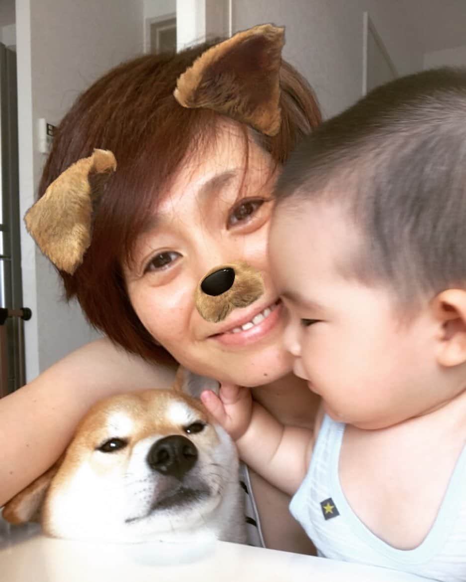 高橋みゆきのインスタグラム：「3人で撮るの難しい👶🐶👩💕 #クラ吉が気になる僕ちゃん #おやつが欲しいクラ吉🍪 #癒しの二人」