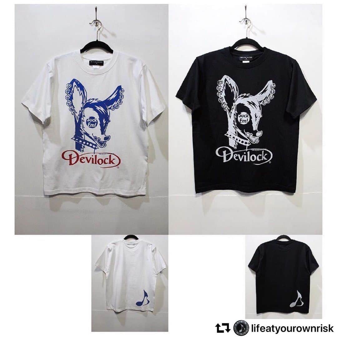 masasucksのインスタグラム：「ヤバくないですか、この先輩とのトリプルネームコラボ🤘🏻🤘🏻🤘🏻 こんなことあるのでしょうか！ あったのです(猛照) ・ ・ 明日7/19 RISKにて販売開始です‼️ RISK26周年おめでとうございます企画‼️ オレもお店にてお待ちしておりやす‼️ ・ 詳細は👇 ・ ああーっすぅ‼️ ・  #熊本 @squeegeeproduction  #repost @lifeatyourownrisk ・・・ いよいよ明日  RISK×DEVILOCK×SuckEm! トリプルコラボtee発売！  ー  発売日には遠藤さんとmasasucksさんも店頭に立って皆様をお出迎え致します😁  ー  RISK×DEVILOCK×SuckEm! tee」  発売日：2019年7月19日（金）  ネット販売は20日（土）から  価格：5,400円（税込）  カラー：WHITE・BLACK  サイズ：S／M／L／XL  皆様のご来店心よりお待ちしてます٩( ᐛ )و  ー  東京都世田谷区北沢2-26-7アパートメントストア2F（一番奥）  #lifeatyourownrisk  #下北沢risk  #devilock  #masasucks  #tシャツ」