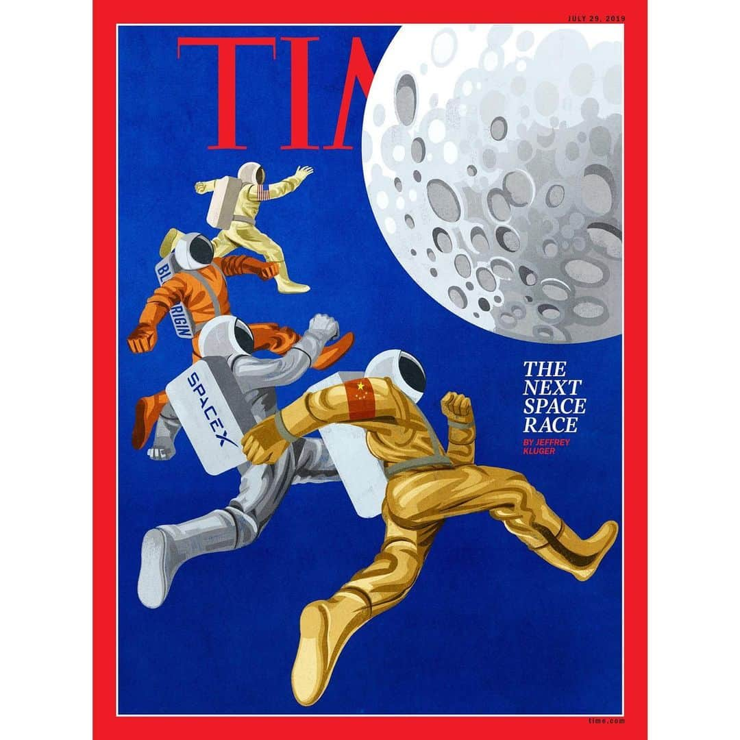 TIME Magazineさんのインスタグラム写真 - (TIME MagazineInstagram)「A handful of powerful players—starry-eyed billionaires and the world’s two richest ­countries—are competing in a race to set up shop on the moon. In the 1960s, it was a two-party sprint between the U.S. and the Soviet Union to be the first to get boots on the lunar surface, but this time around the U.S. finds itself in a bigger, multifront competition with private companies like @spacex and @jeffbezos’ @blueorigin and international powers, most critically #China. “Apollo 11 was one of the most inspiring things in all of human history,” Elon Musk said in a July 12 interview at the Hawthorne, Calif., headquarters of SpaceX, the rocket company he founded in 2002 that has since become its own icon of space exploration. “I’m not sure SpaceX would exist if not for #Apollo11.” This week’s cover illustration is a homage to the Dec. 6, 1968, cover (swipe right). Published shortly before the success of Apollo 8 made U.S. astronauts first to orbit the moon, that issue’s cover illustration by Robert Grossman marked a pivotal moment for space exploration. Read this week's full cover story by Jeffrey Kluger, and see more of our #Apollo50th coverage, at the link in bio. Illustration by #AlessandroGottardo for TIME」7月18日 21時12分 - time