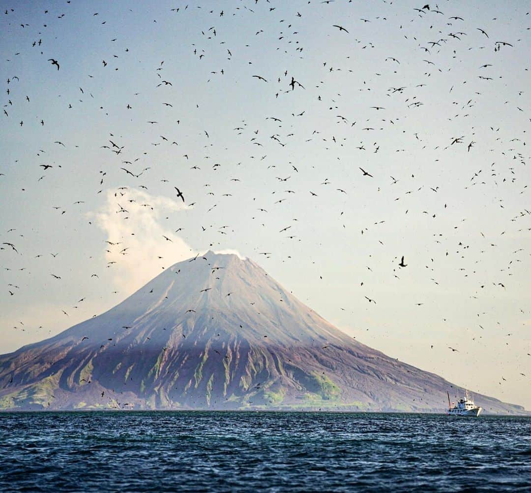 クリス・バーカードのインスタグラム：「Our boat, The Afina, dwarfed by the scale of active volcanoes & thousands of displaced sea birds carries as many crew as passengers. 24 in total. Sailors, engineers, cook, captain, 1st mate etc etc. all with Russian names we are struggling to pronounce, so often exchange smiles or share coffee we brought to show appreciation. Boats traveling in these rough waters are mandated to carry enough crew in case anything goes wrong. We have been lucky with good weather but their stories & videos of evading storms, waking up to boats covered in ash & weeks of bad weather are horrific. .  #FromKurilsWithLove @taylorfreesolo  @renan_ozturk @jtkerby @tedhesser  @rishisugla  @tomorrow_unlocked  @povel  @_ryanhill_」