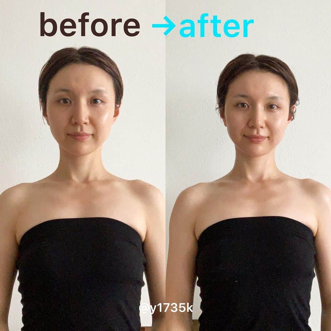 y1735kのインスタグラム：「動画作成しながら、 『あー、、こんなに違うなら ケアしなきゃな』と思う😂 ・ 『ここぞ！という時の 美顔作り』 ・ 物を食べたり、お話したり、笑ったり、頭を使ったり、、私達のお顔は身体と同じ様に常に使われていて 1日の終わりには疲れています。 ・ 写真左 夕方疲れ切った感 満載。 目も重いし、頭も張ってますね😱 ・ これでも、beforeの写真も 精一杯 良い顔しようと思って撮った写真なのですよ、、 ・ 現代人のほとんどが首や肩、背中のコリを訴えていますが、それもお顔を老けさせる原因に繋がります。 ・ 疲労物質が蓄積されると お顔の膨張につながるんです。年を重ねる毎、常々思います。 ・ 食事を減らすだけだとげっそりしちゃう、それは避けたいですよね。 ・ 久々に会った同級生、『あれ？お顔が膨張した？学生の頃はシュッとしてたのになぁ、、』と男女関わらず そう思った経験はありませんか🧐？ ・ 私、昔から丸顔コンプレックスでして、できれば顎シュッとした輪郭に憧れます、朝起きた顔を鏡で見たくない日もあります、、昨晩の夕飯時間遅いと顔パンパンになります😱 ・ すごく頭を使った日はおでこの辺りから後頭部、側頭部がパンパンに張って 頭が膨張してるのがわかる。 ・ レッスンでたくさんお話した日には 咬筋（奥歯のあたり）が疲れます。 ・ そんな状態から 少しでも 脱出したい！ ・ 目指すは シェーディングに頼らなくても いいお顔 🙆🏽‍♀️✨笑。 ・ 『肌の内側から弾力があって 目、鼻スッキリ、口もぷっくり、全体的にウルウル した感じ。目は少しでもぱっちりさせたいし、小鼻や口周りの影も少しでも取り除きたい！』 ・ そんな気持ちで せっせとやってるケア ご紹介させて頂きますね。 ・ 続く〜 #小顔ケア #筋膜ケア #顔 #フェイスマッサージ」