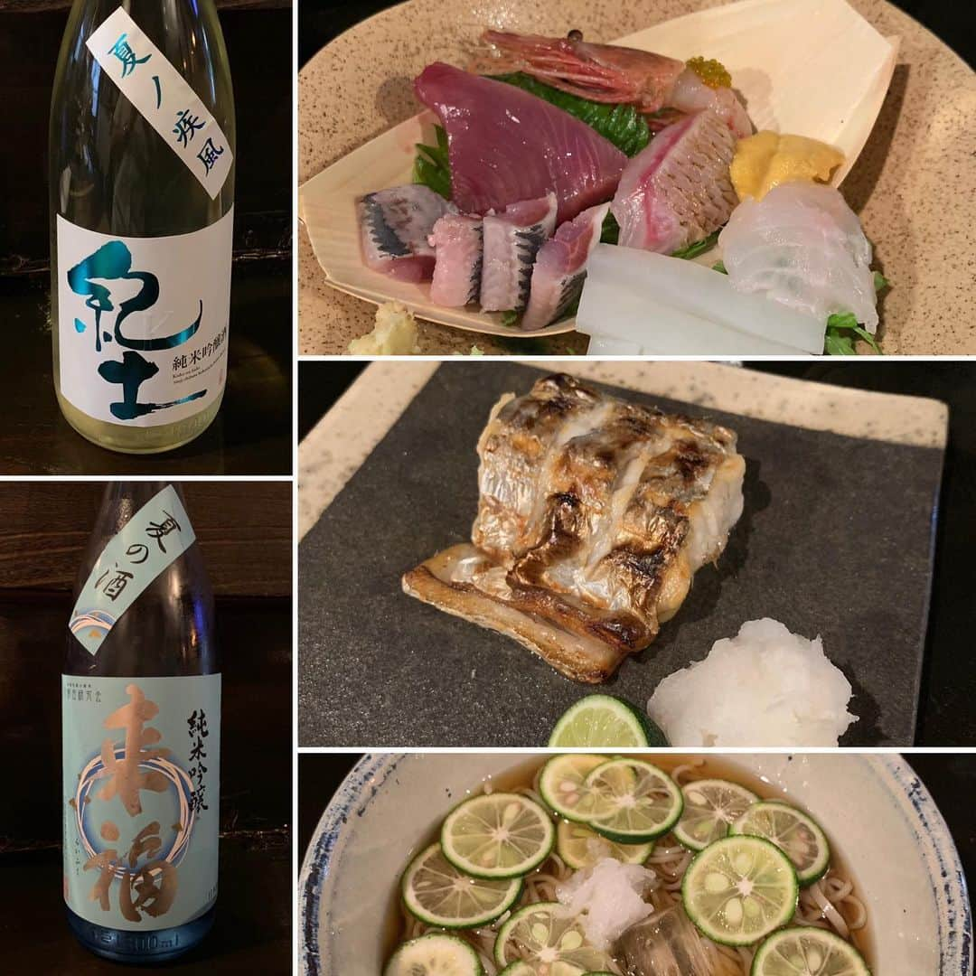 くろさんのインスタグラム写真 - (くろInstagram)「今週もお疲れちゃんでした🍶 #今宵は日本酒 #紀土 #来福 #夏酒 #夏の疾風 #夏の酒 #紀土夏の疾風 #来福夏の酒 #酒 #日本酒 #純米大吟醸 #純米吟醸 #太刀魚 #タチウオ #太刀魚の塩焼き #タチウオの塩焼き #刺身盛り合わせ #刺盛 #蕎麦 #手打ち蕎麦 #〆 #〆蕎麦 #すだち蕎麦 #酢橘そば #酢橘蕎麦 #おごちそうさまでした」7月19日 19時57分 - m6bmw