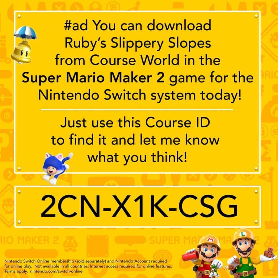 Ruby Rose Turnerさんのインスタグラム写真 - (Ruby Rose TurnerInstagram)「#ad Hey guys! You voted for my #supermariomaker2 course on the #ARDYs, and now here is your chance to check it out!  Swipe to see how you can play Ruby’s Slippery Slopes!  #nintendoswitch」7月19日 22時43分 - rubyroseturner