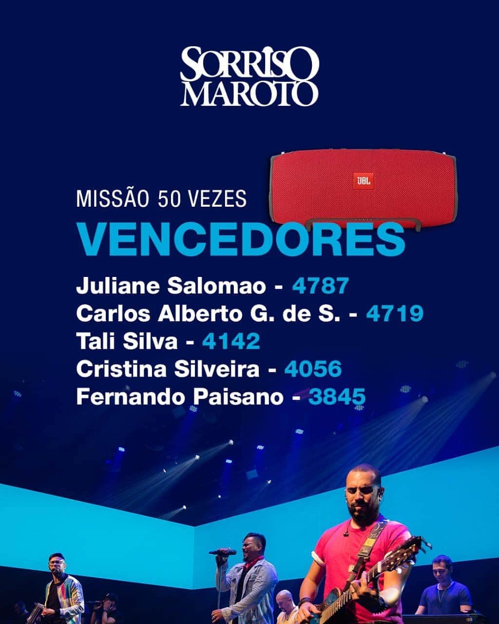 Sorriso Marotoのインスタグラム：「Olha aí os vencedores da #Missão50Vezes que faturaram uma caixa de som JBL! 😀 Entraremos em contato por e-mail, tá? 😉 Parabéns a vocês e a todos que participaram!」