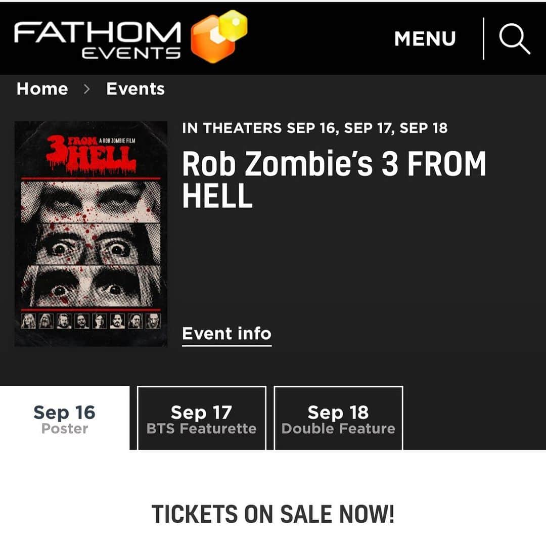 ロブ・ゾンビさんのインスタグラム写真 - (ロブ・ゾンビInstagram)「Tickets on sale now for 3 FROM HELL! Go to Fathomevents.com and search 3 From Hell !! Every night is different September 16 - free poster to first 50 people in each theater! September 17 - special making of documentary after film and September 18 is a double feature of THE DEVIL'S REJECTS and 3 FROM HELL!!! All showings are the unrated version!!!! Finally see the unrated in the big screen!!! You asked for it and you got it!!! #robzombie #3fromhell #threefromhell #sherimoonzombie #billmosely #sidhaig #richardbrake #jeffdanielphillips #dannytrejo #emiliorivera #panchomoler #deewallace #freethethree」7月20日 1時12分 - robzombieofficial