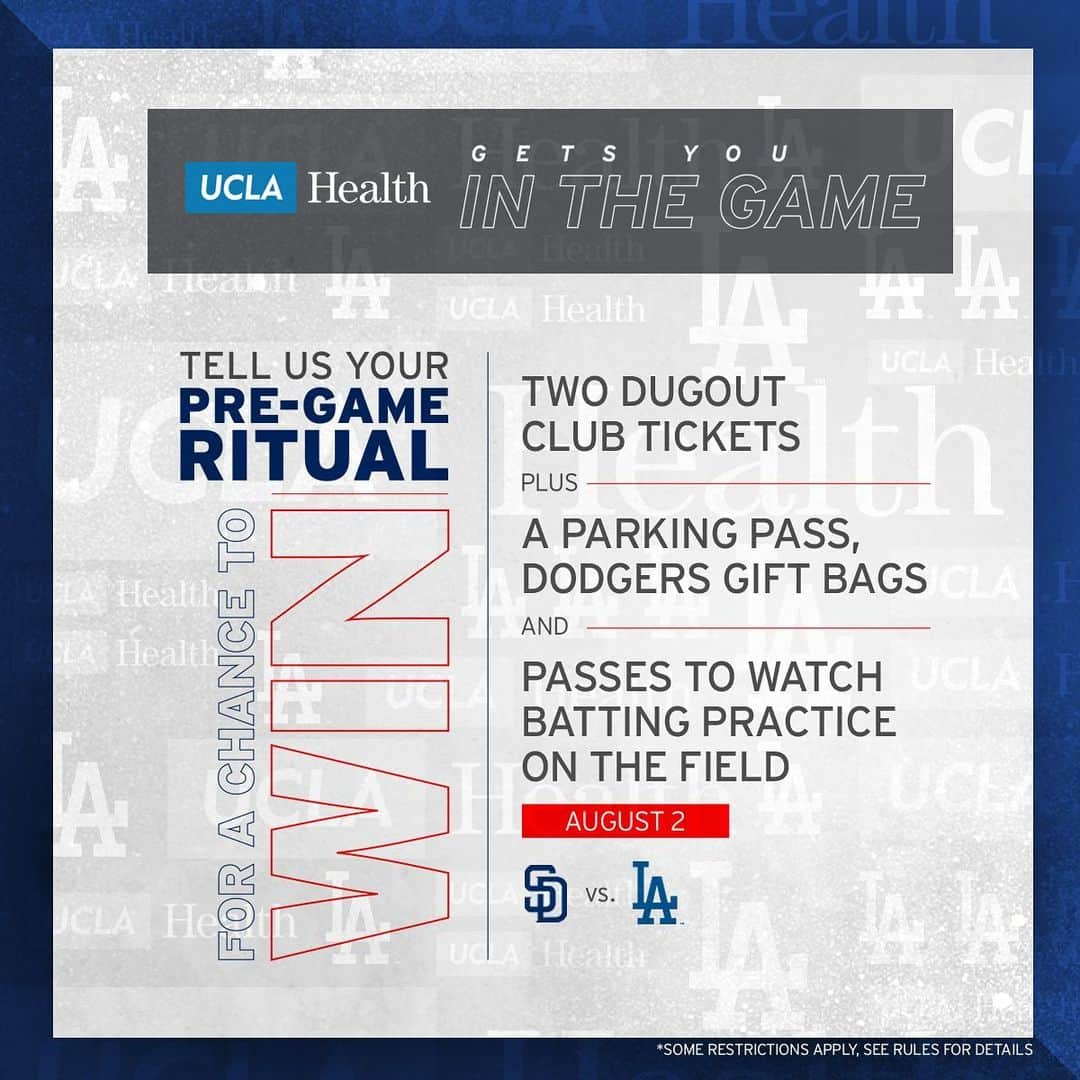 Los Angeles Dodgersさんのインスタグラム写真 - (Los Angeles DodgersInstagram)「What do you do before a big Dodger game? Follow @uclahealth and tag a friend you have a Dodger pregame ritual with for your chance to win! Rules: Dodgers.com/uclarules」7月20日 1時57分 - dodgers