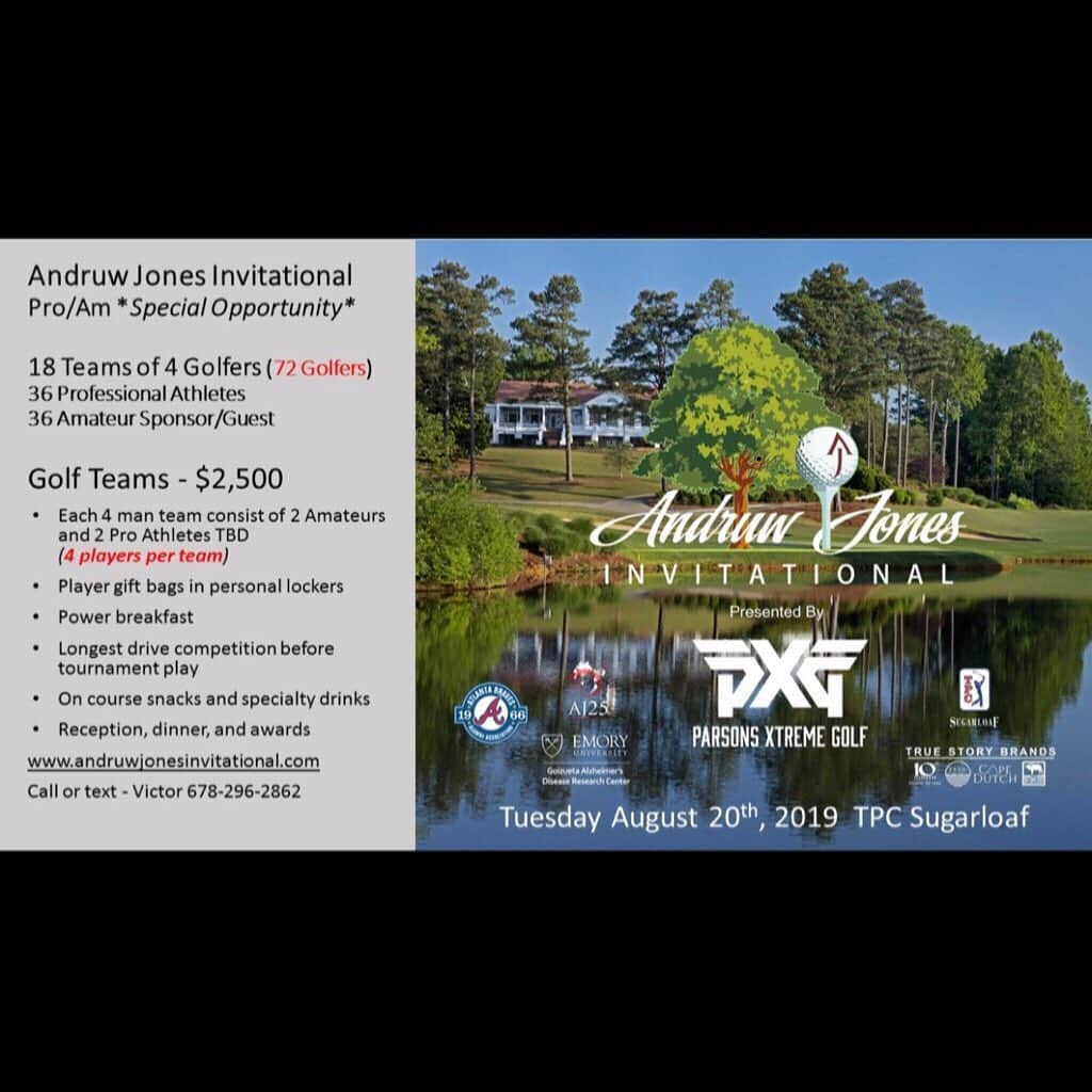 アンドリュー・ジョーンズのインスタグラム：「Join me, Braves alumni, and special guest celebrities for 2nd Annual Andruw Jones Invitational benefiting Alzheimer’s Research. More information at www.andruwjonesinvitational.com #charitygolf @braves @emoryuniversity」